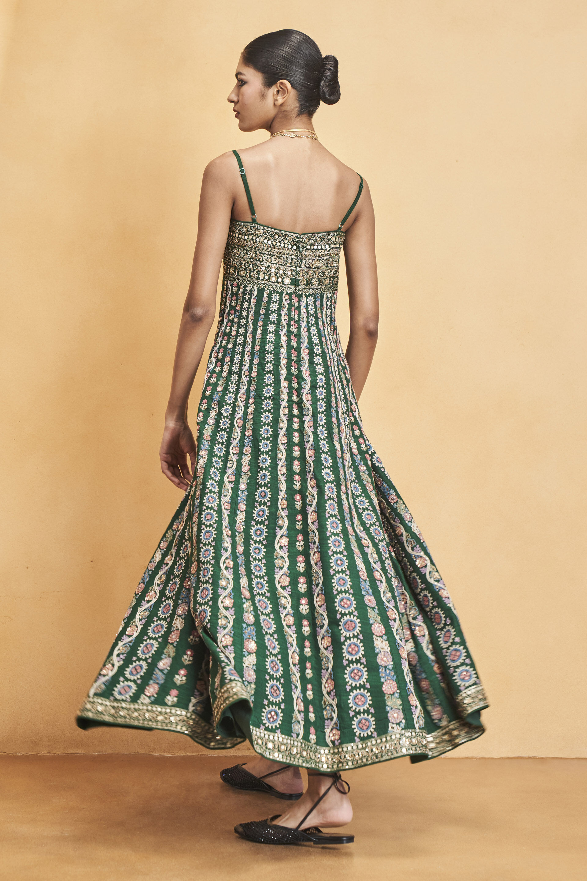 Sounds Of The Forest SEWA Hand-embroidered Silk Dress - Green