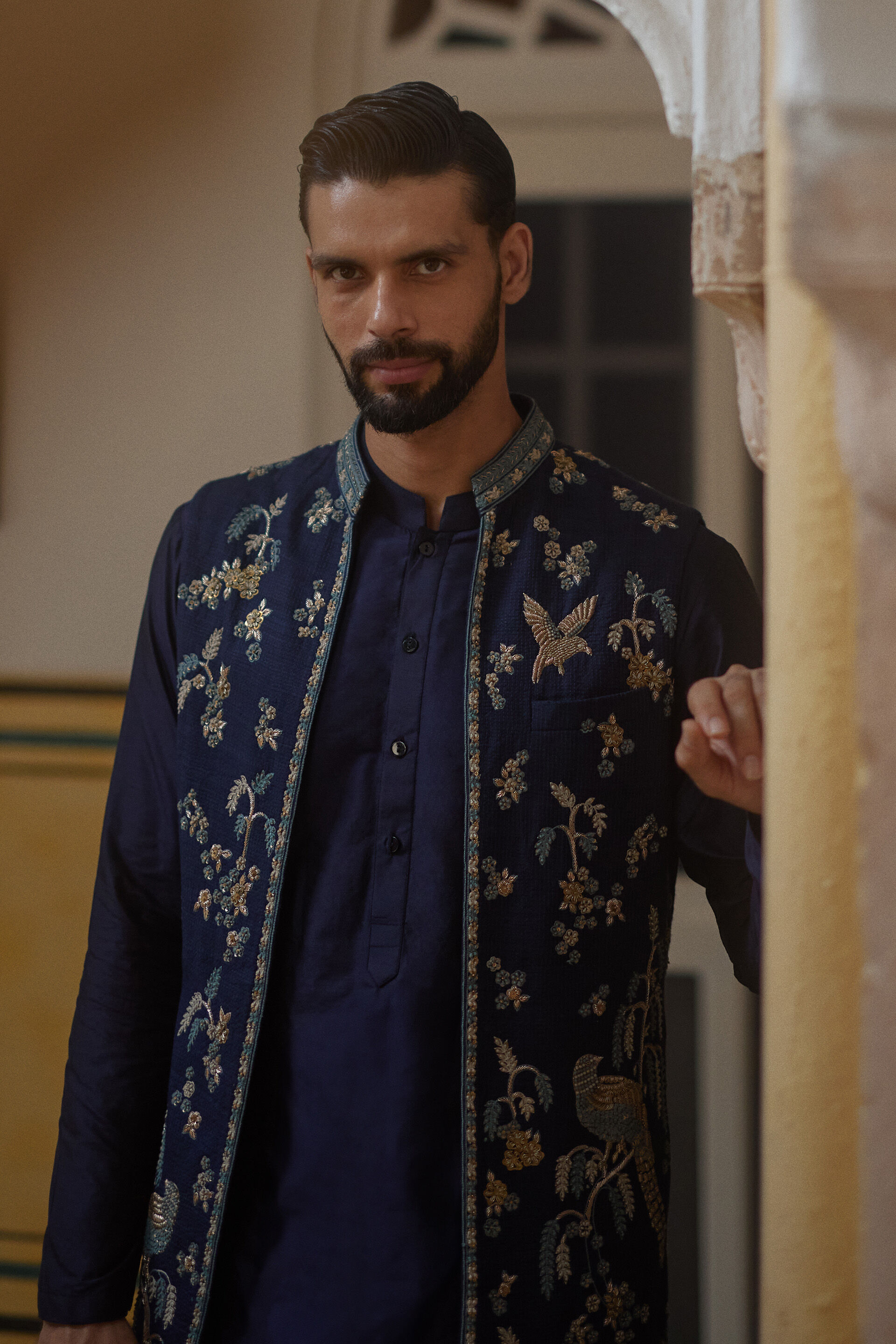 Buy Designer Azar Embroidered Silk Nehru Jacket - Navy Blue Online for ...