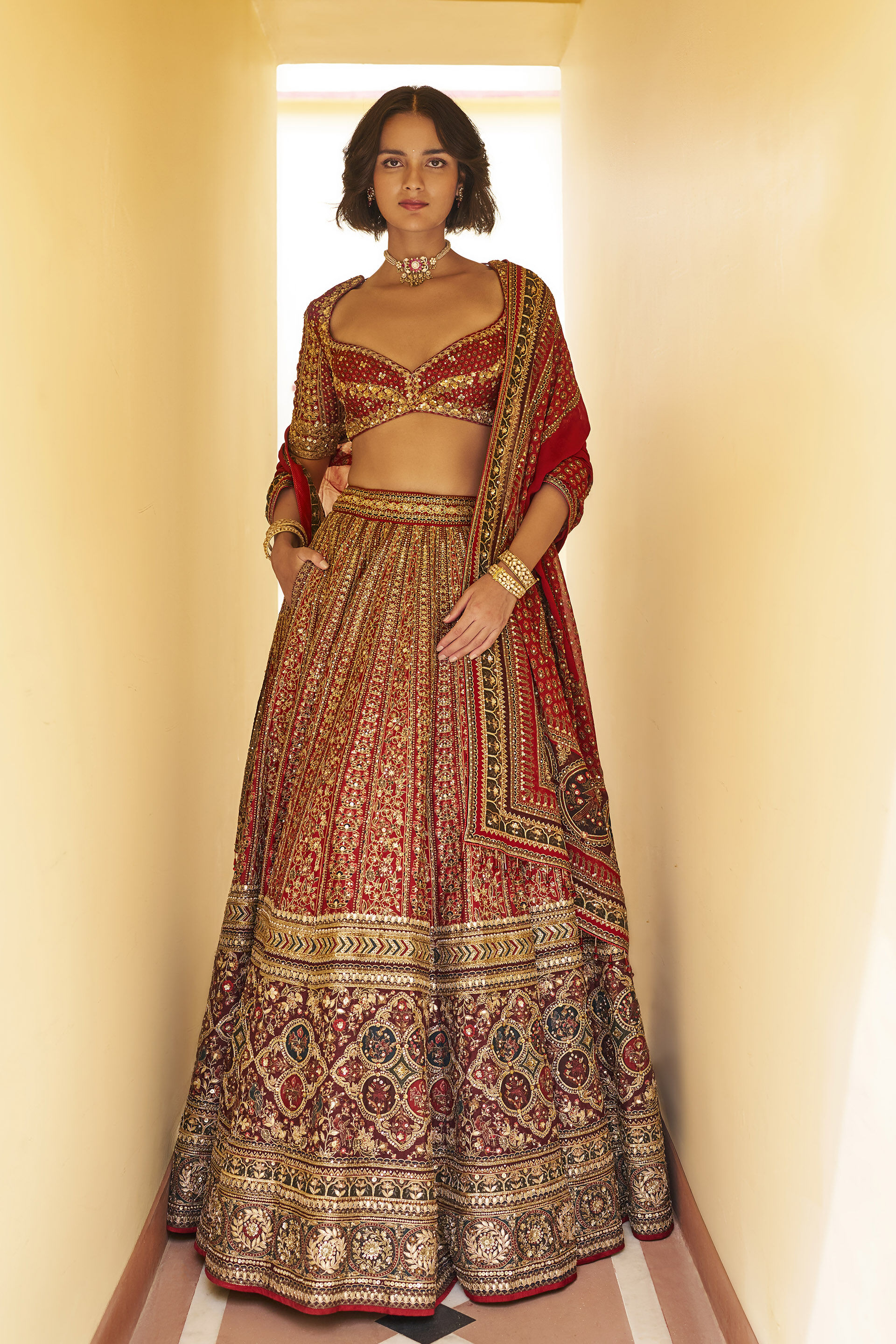 Tenderness Gota Patti Bemberg Lehenga Set - Red