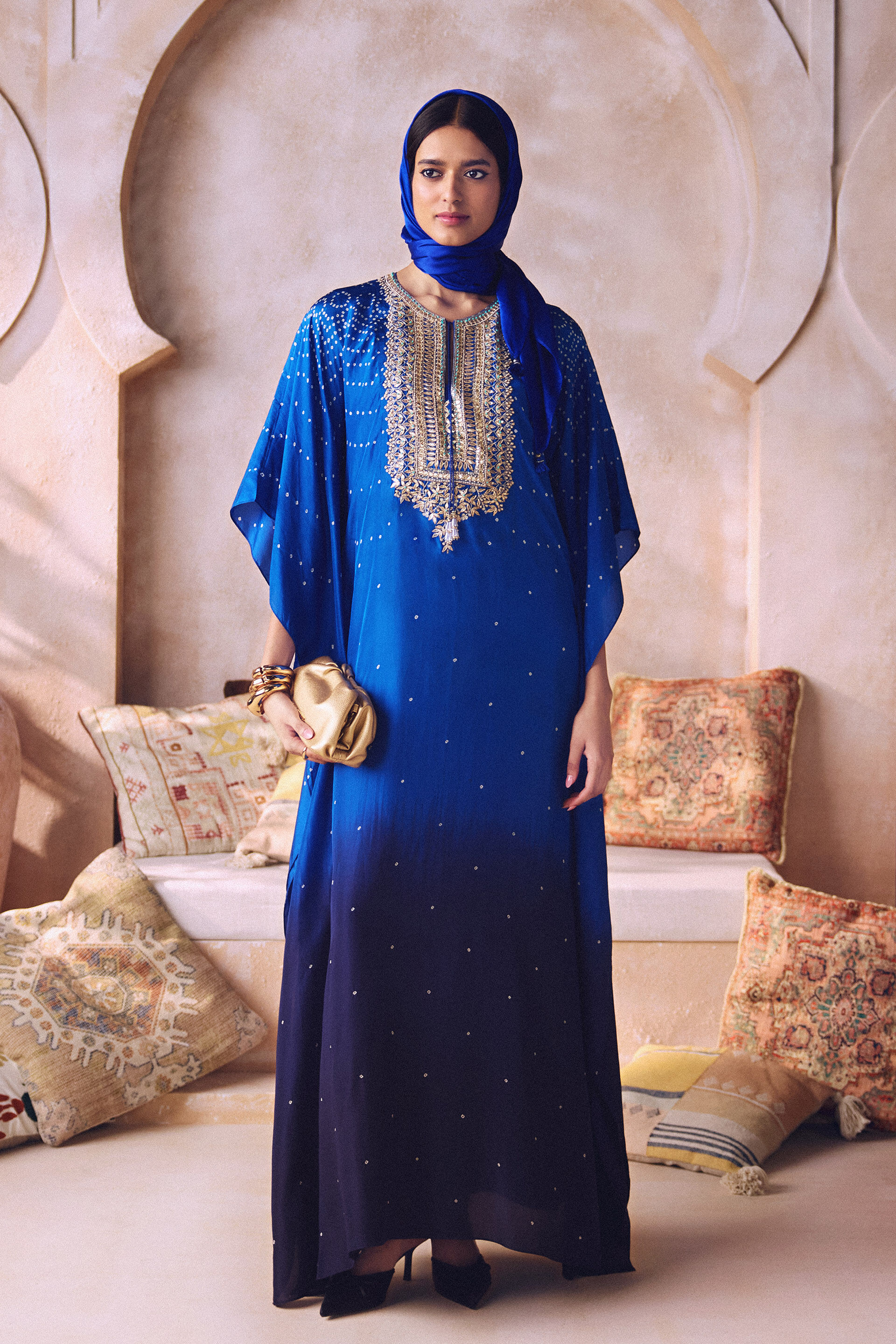 Mohar Handcrafted Bandhani Silk Kaftan - Blue, Blue, image 4