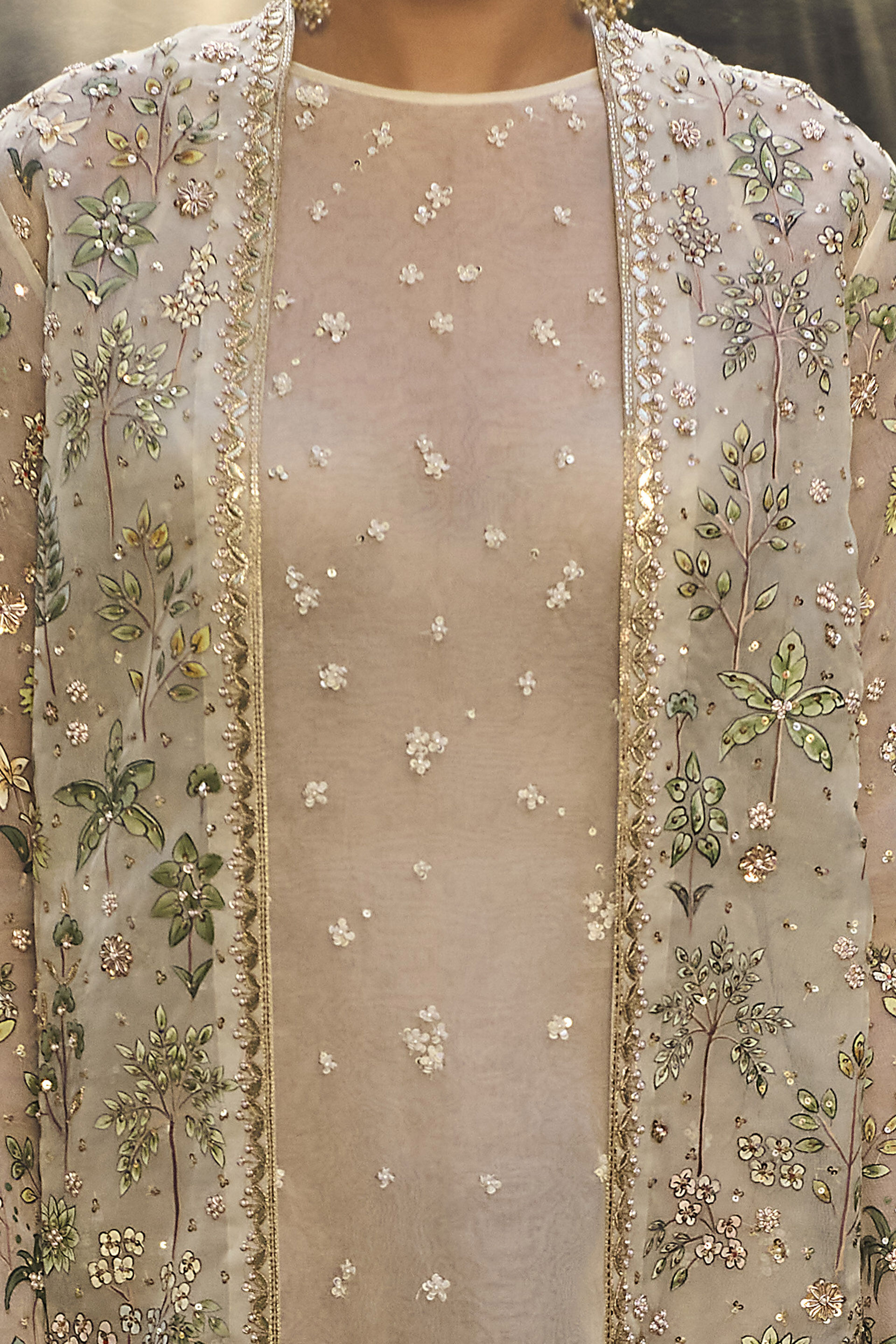 Shajar Hand-painted Pichhwai Silk Jacket Set - Ivory, Ivory, image 3