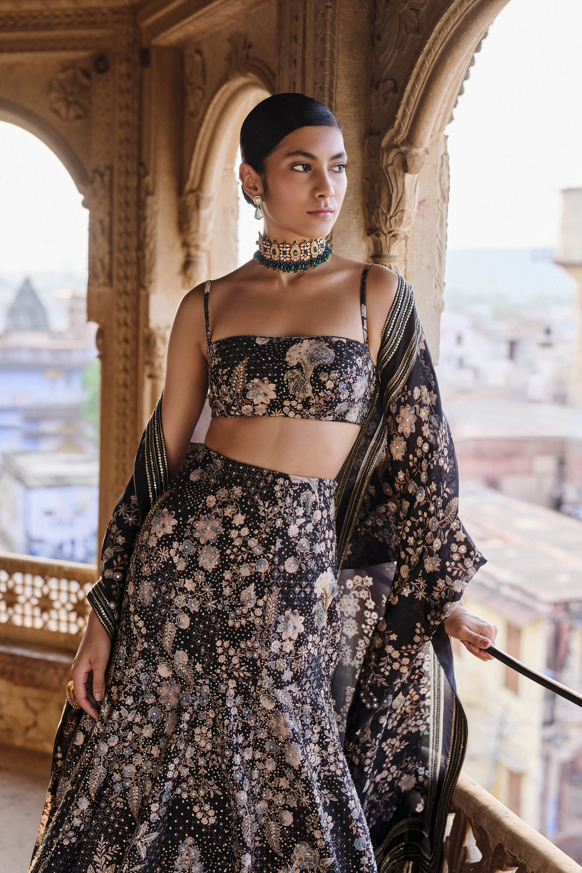 Izar Printed Sequin Lehenga Set - Black, Black, image 3