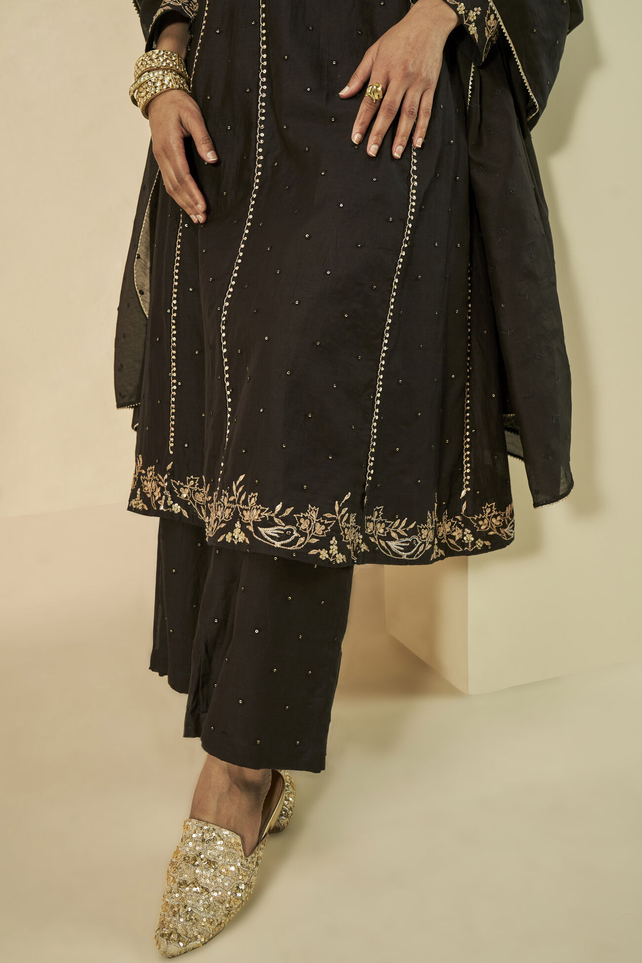 Shahla Gota Patti Embroidered Mul Suit Set - Black, Black, image 7