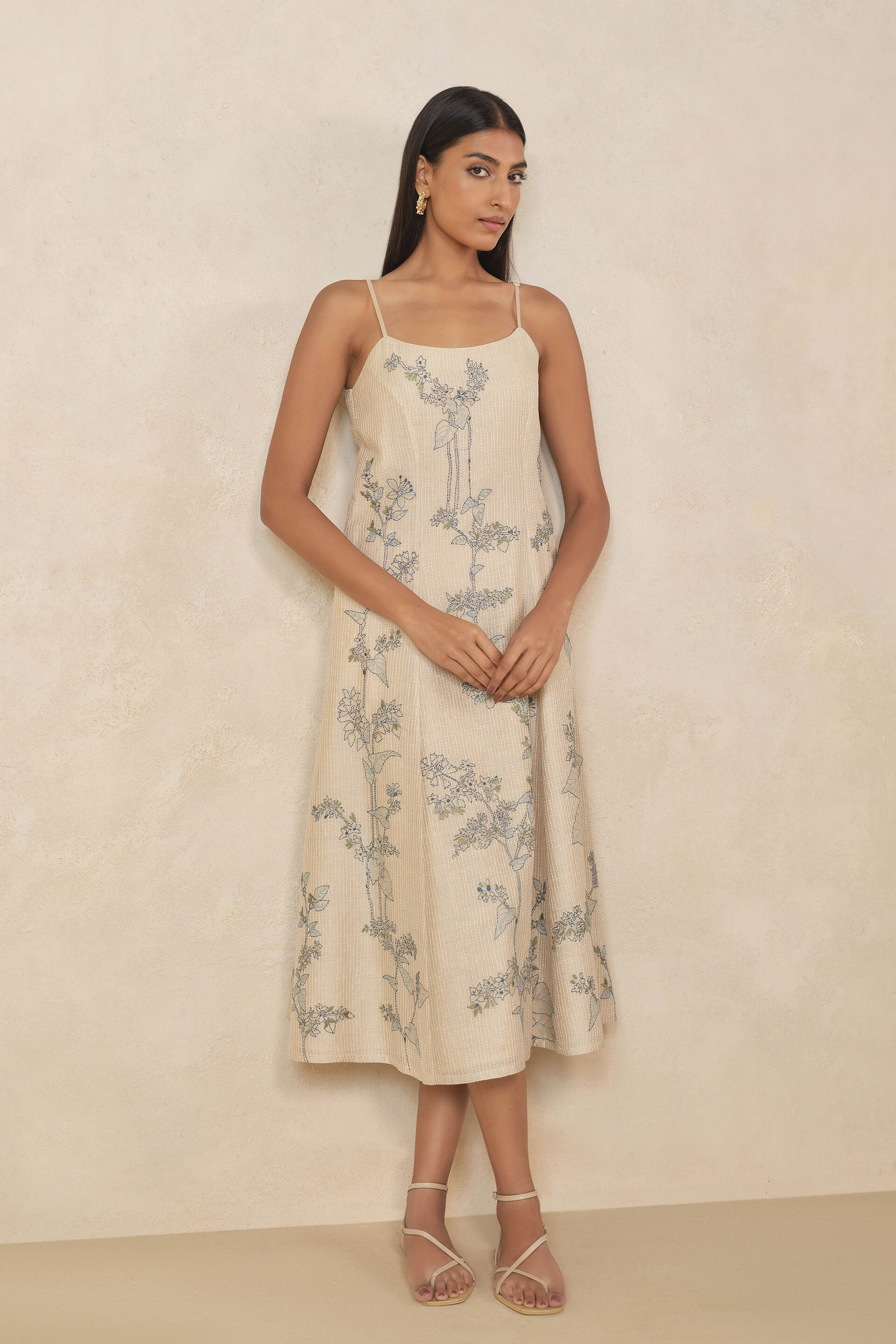 Haiku Hand-embroidered Kantha Silk Dress - Beige