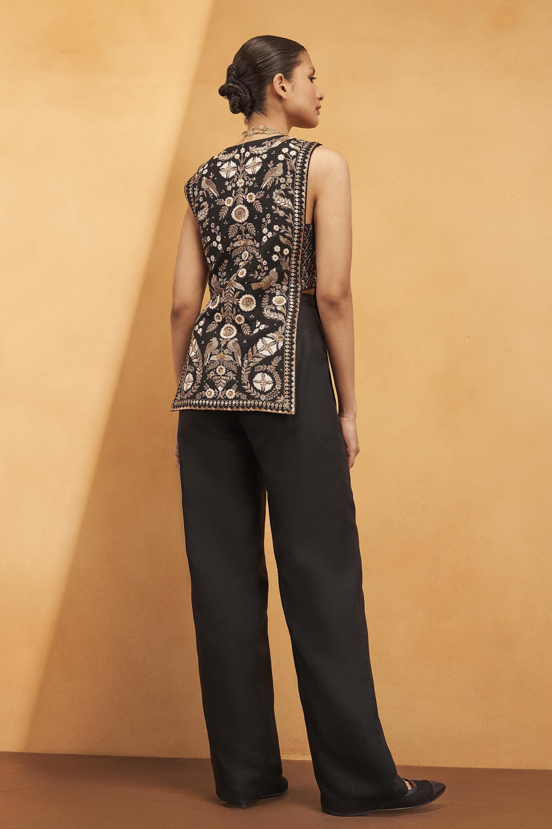 From The Wilderness Zardozi Embroidered Silk Pant Set - Black