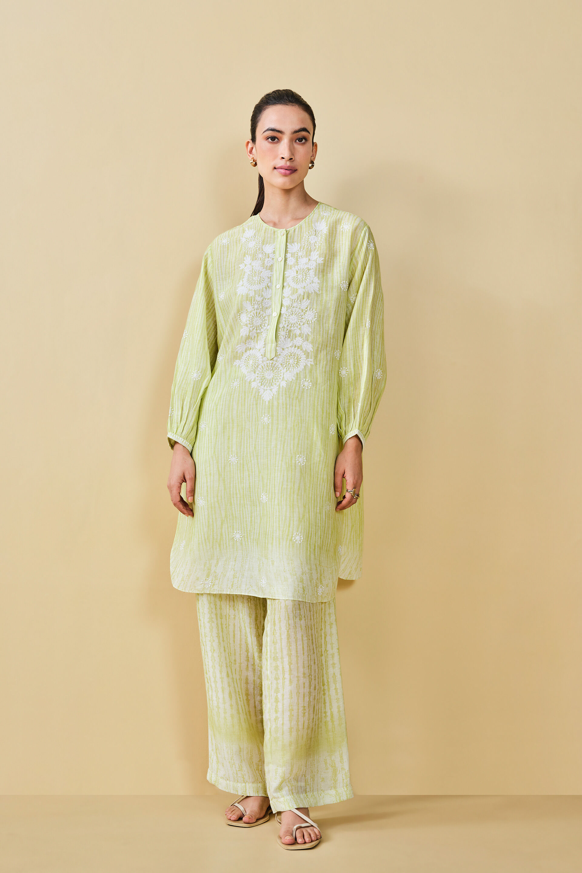 From The Mountain Hand-embroidered Chikankari Co-ord  - Lime