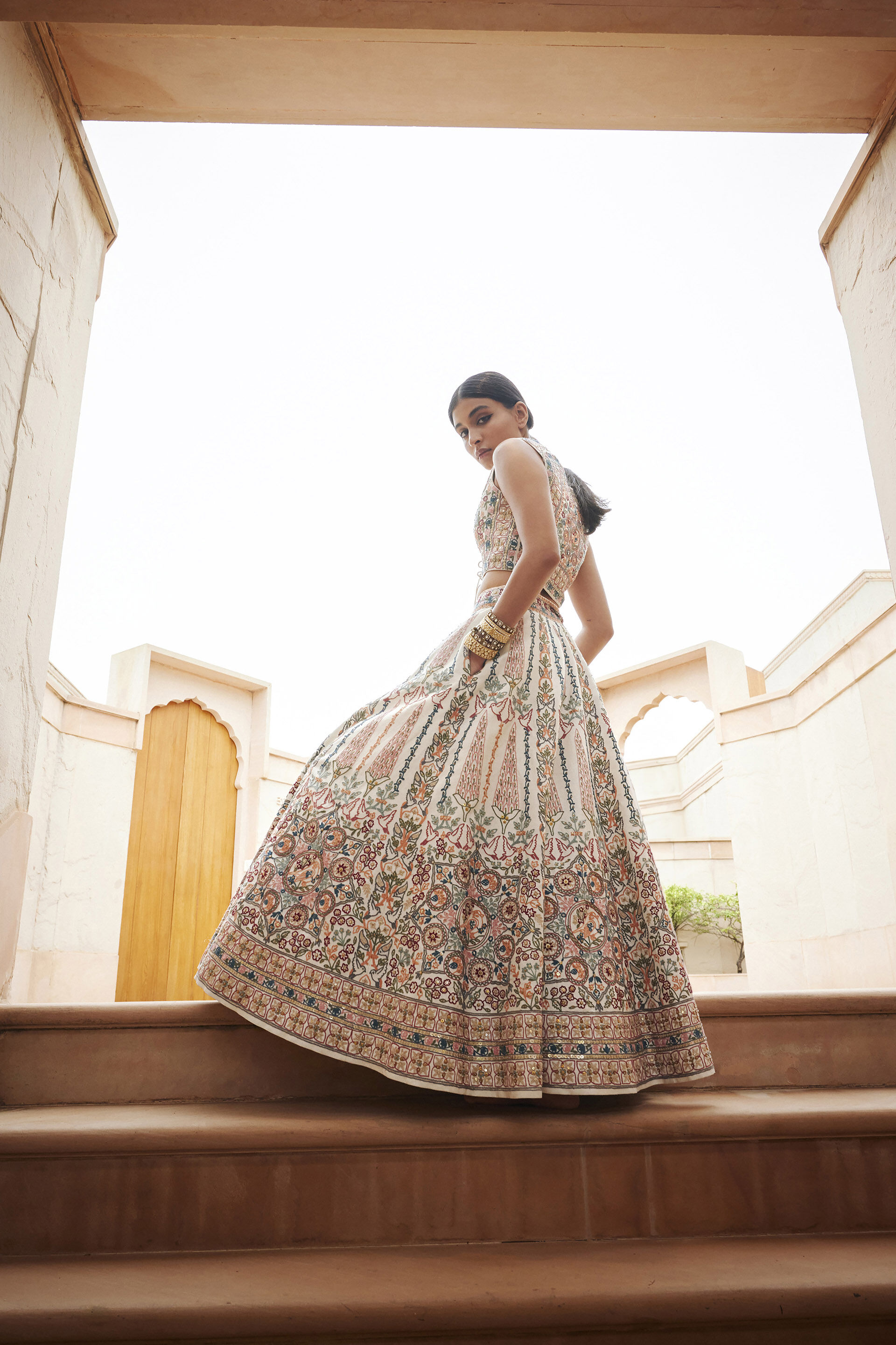 Alakana SEWA Hand-embroidered Silk Skirt Set - Ivory, Ivory, image 2