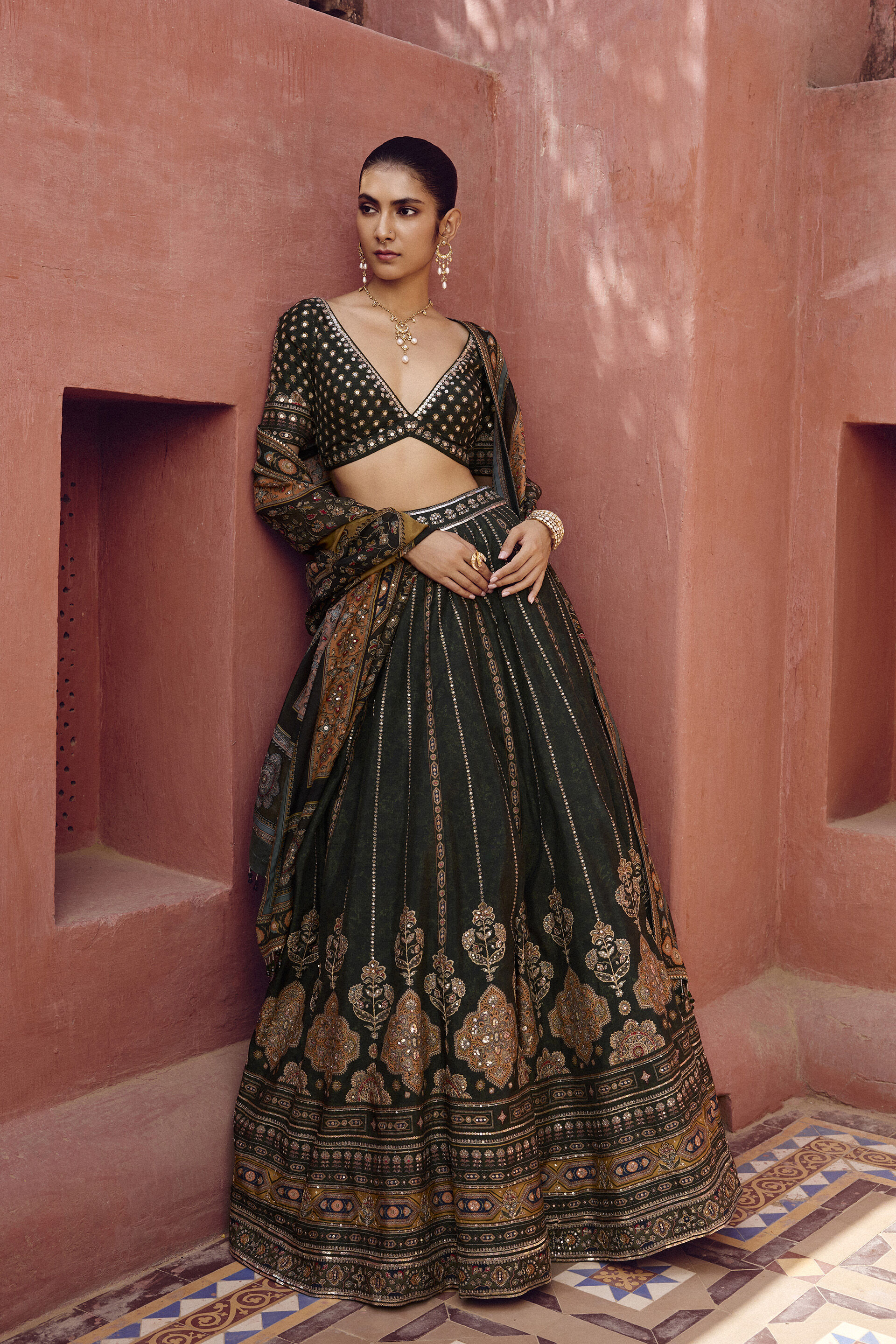 Rishama Silk Lehenga Set - Green, Green, image 3