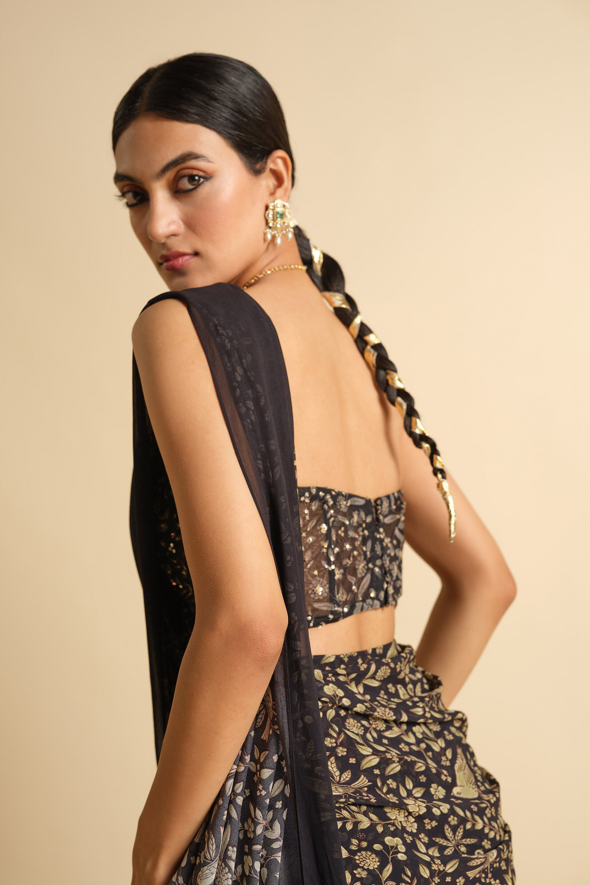 Gwylan Sequin Georgette Pre-stitched Saree - Black, Black, image 6