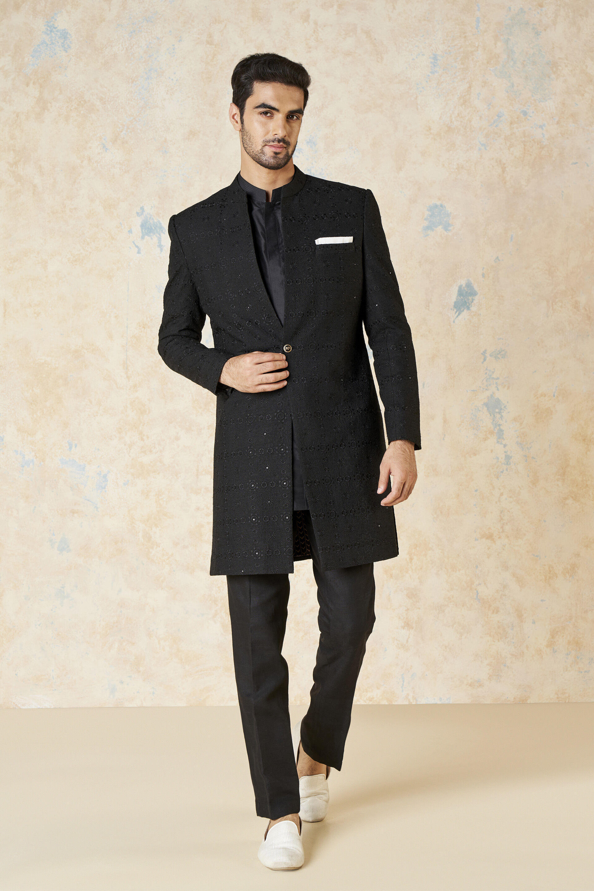 Yuven Silk Sherwani - Black, Black, image 1