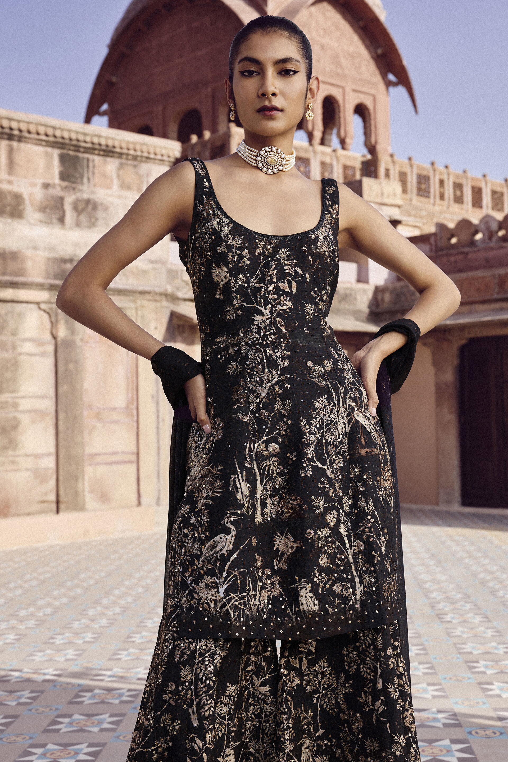 Alayla Embroidered Silk Sharara Set - Black, Black, image 3