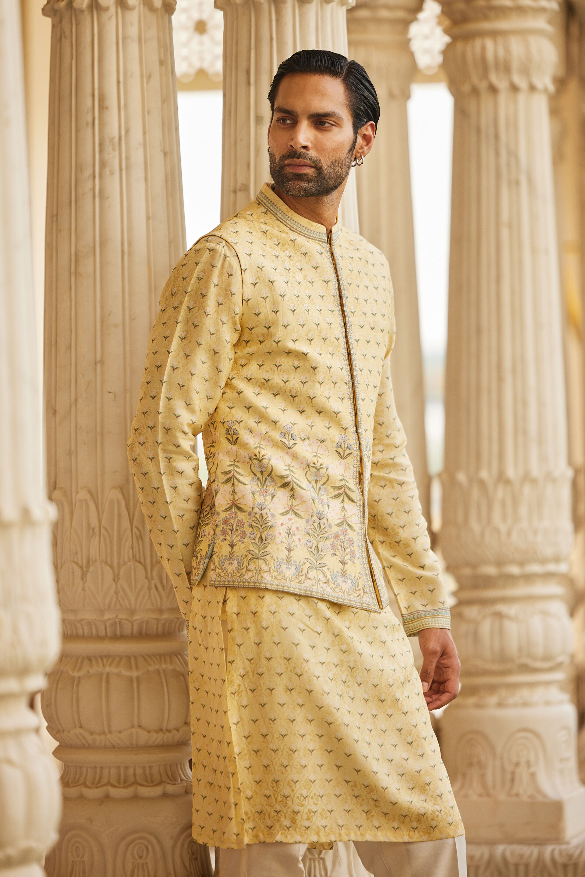 Bourag Silk Nehru Jacket - Yellow, Yellow, image 4