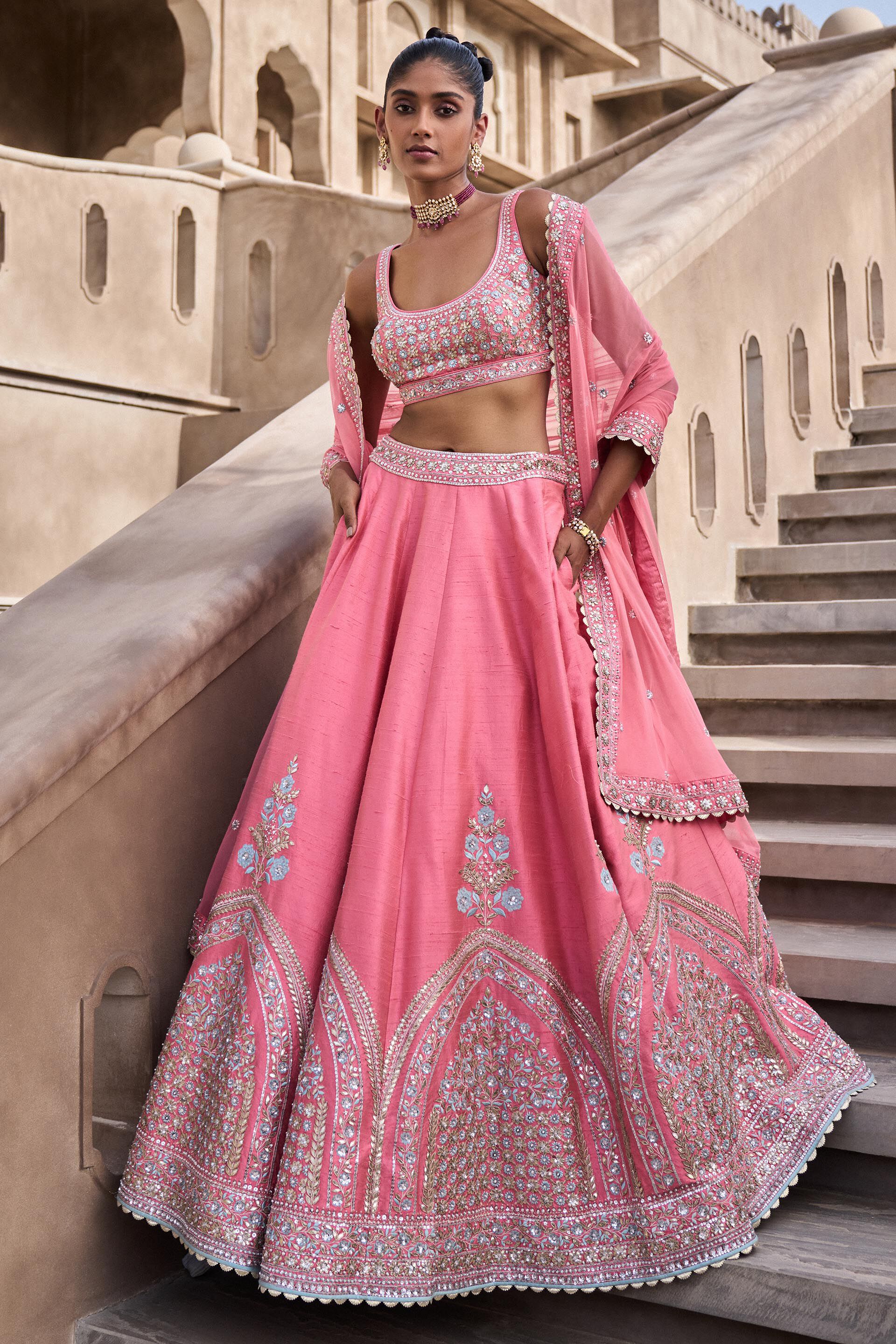 Buy Pallavi Jaipur Coral Dabka Work Lehenga Set Online | Aza Fashions