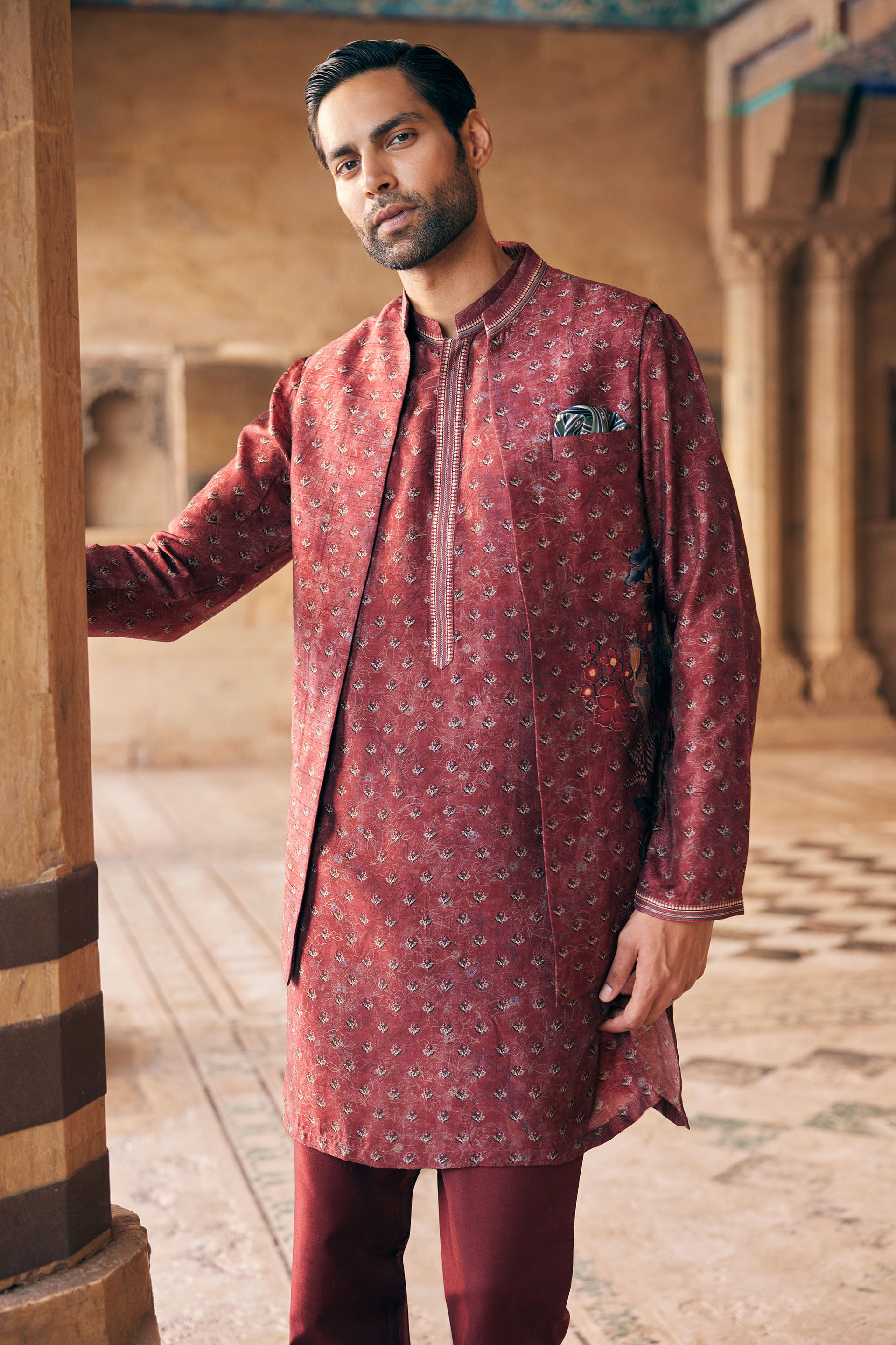 Humair Printed Silk Nehru Jacket Maroon