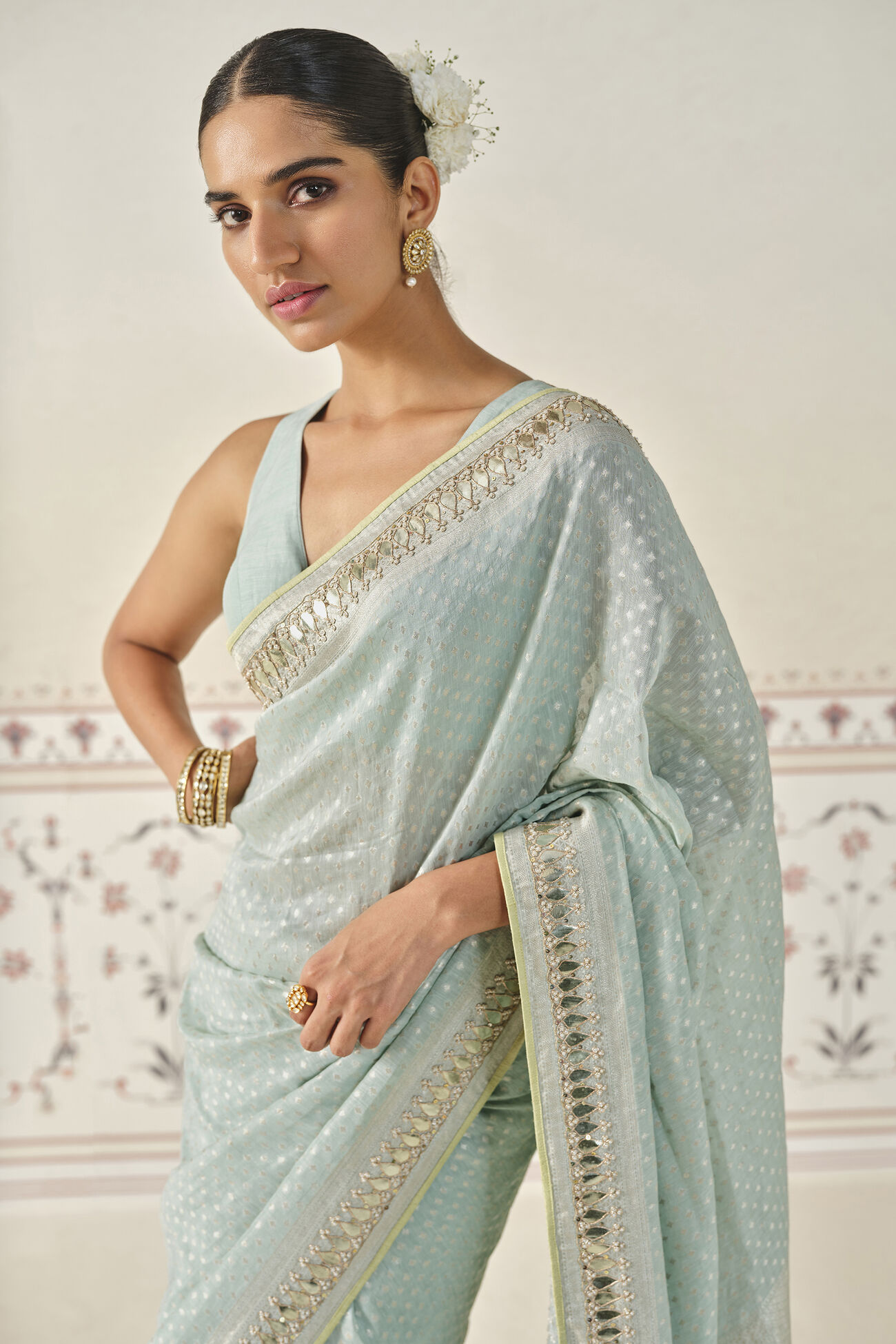 Jayalekha Embroidered Linen Saree - Powder Blue, Powder Blue, image 4