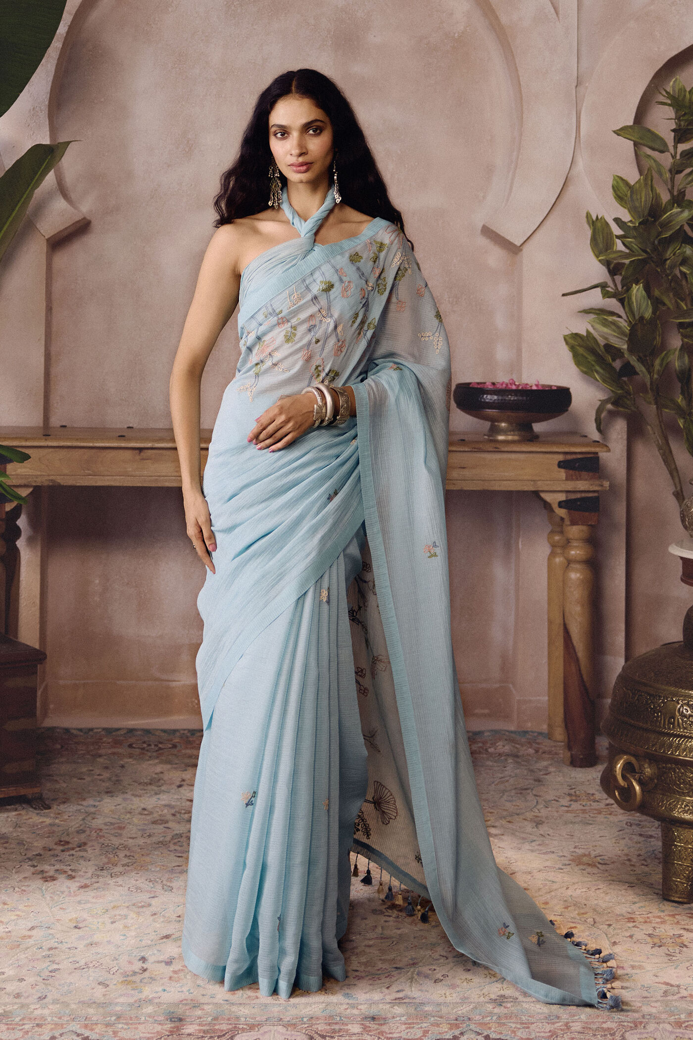 Buy Designer Canouah Hand-embroidered SEWA Saree - Powder Blue Online ...