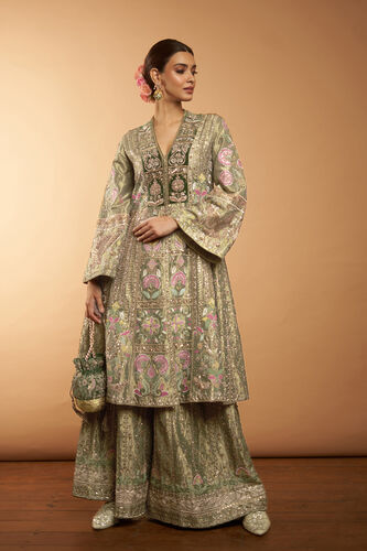 Melody Of The Flowers Embroidered Zardozi Sharara Set - Sage, , image 1