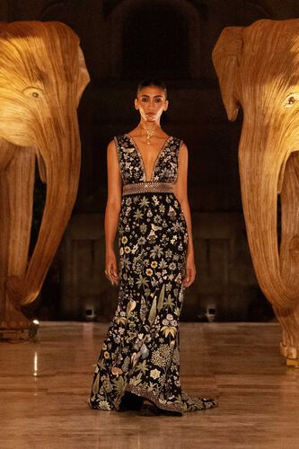 Magic Of The Evergreen Forest Hand-painted Pichhwai Silk Gown - Black, Black, image 5