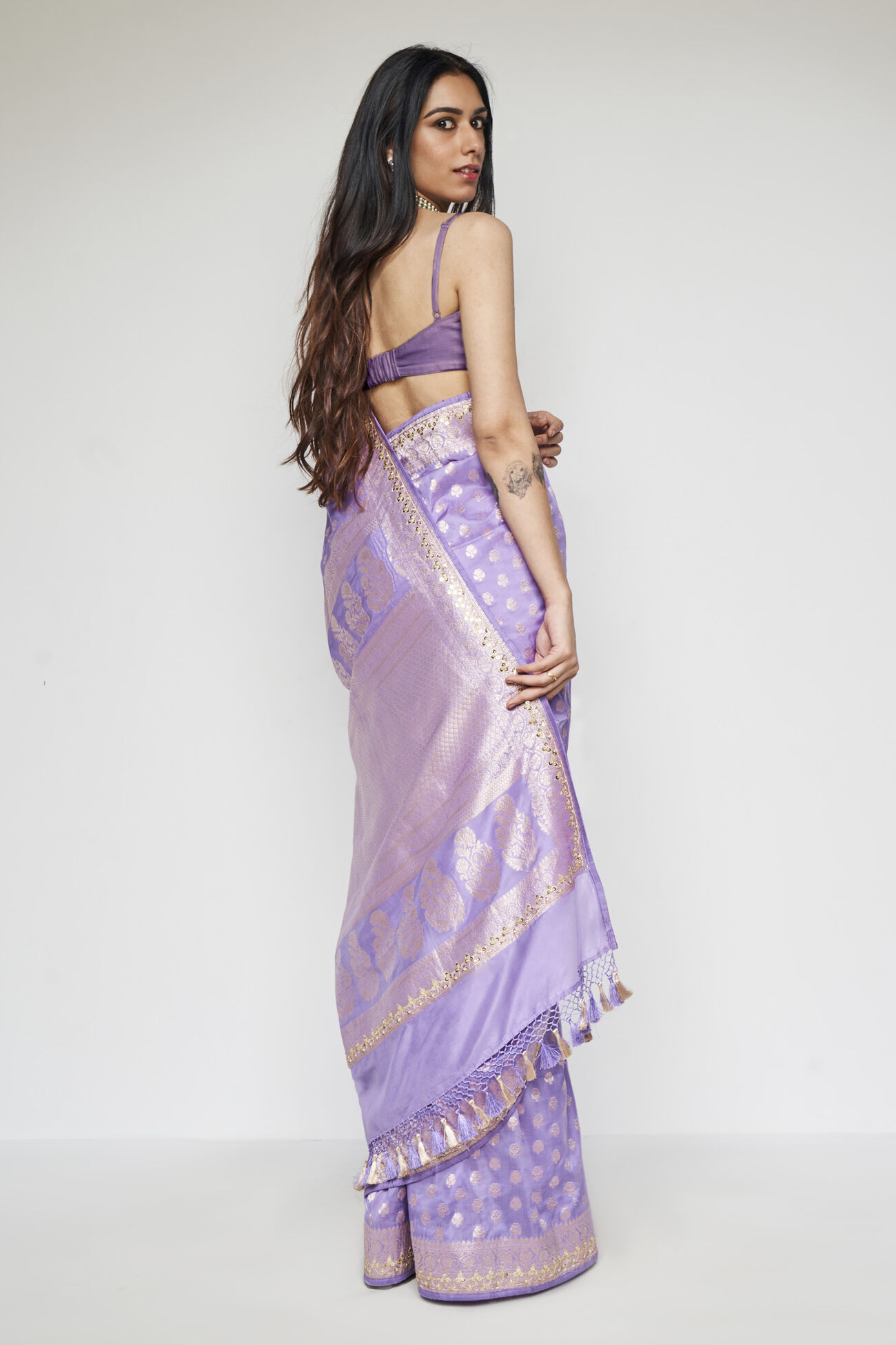 Briti Benarasi Silk Embroidered Saree, Lilac, image 4