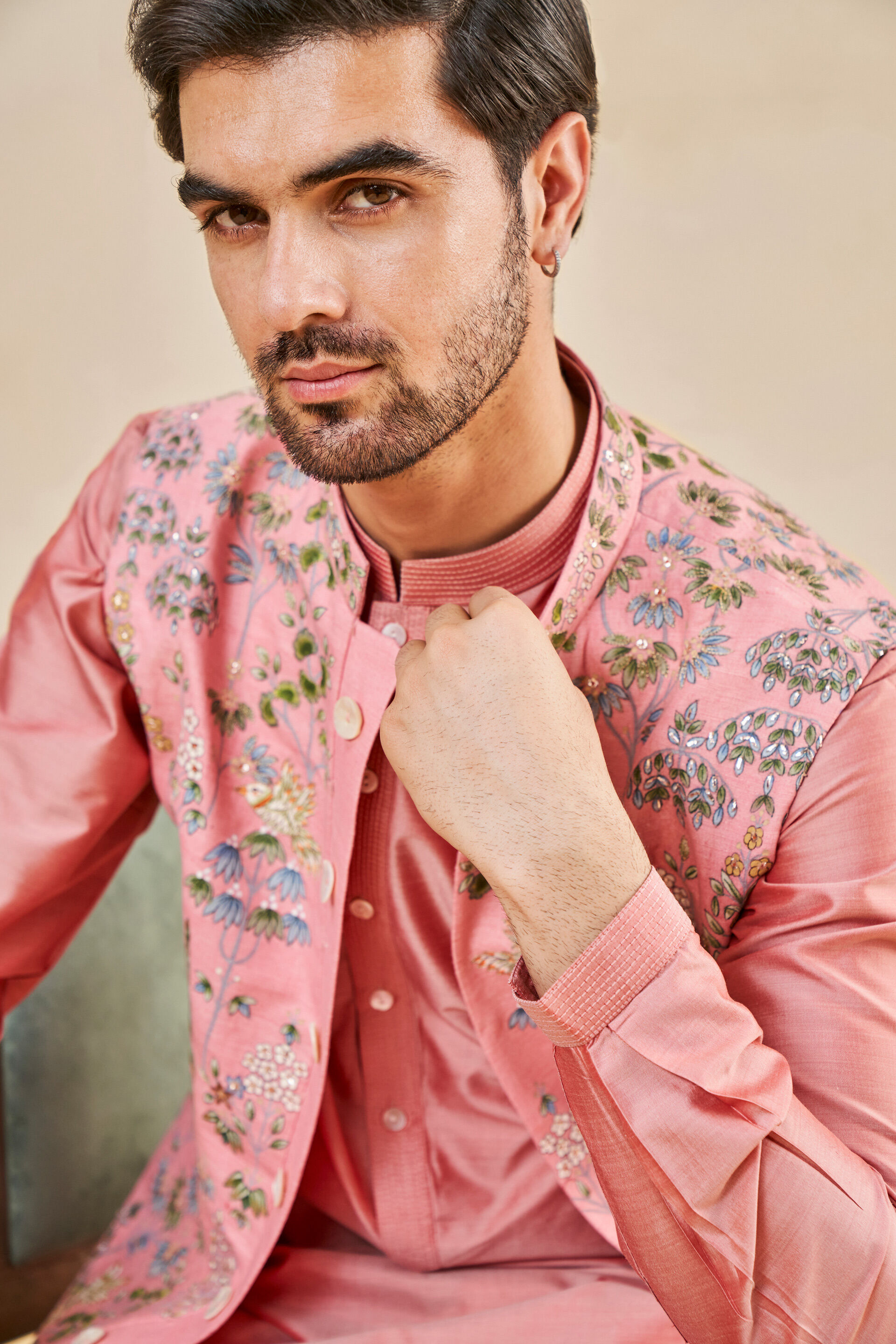 Nalesh Hand-painted Pichhwai Silk Nehru Jacket - Pink, Pink, image 5