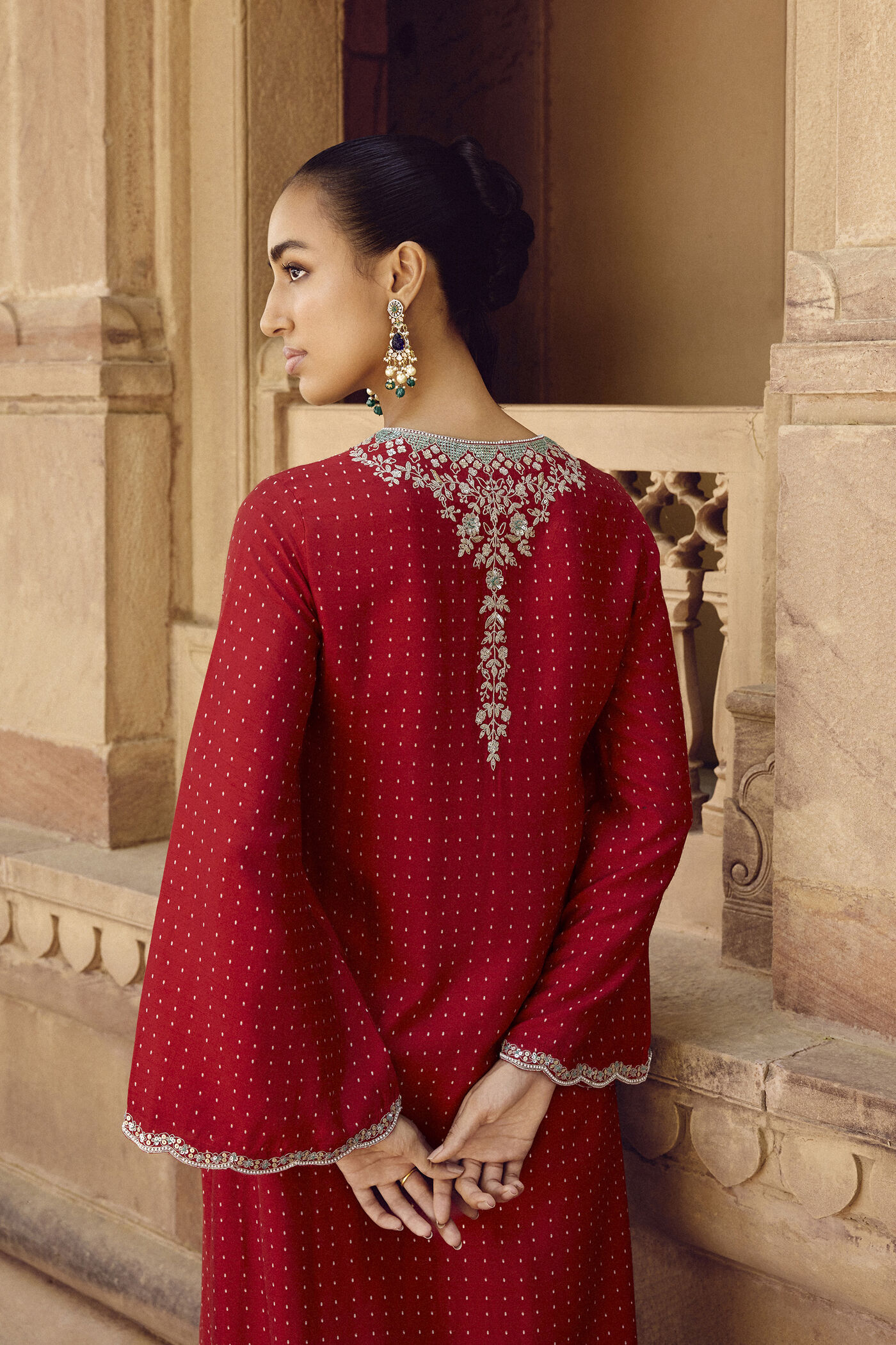Sindhura Embroidered Silk Kaftan - Red Sindhura Embroidered Silk Kaftan - Red