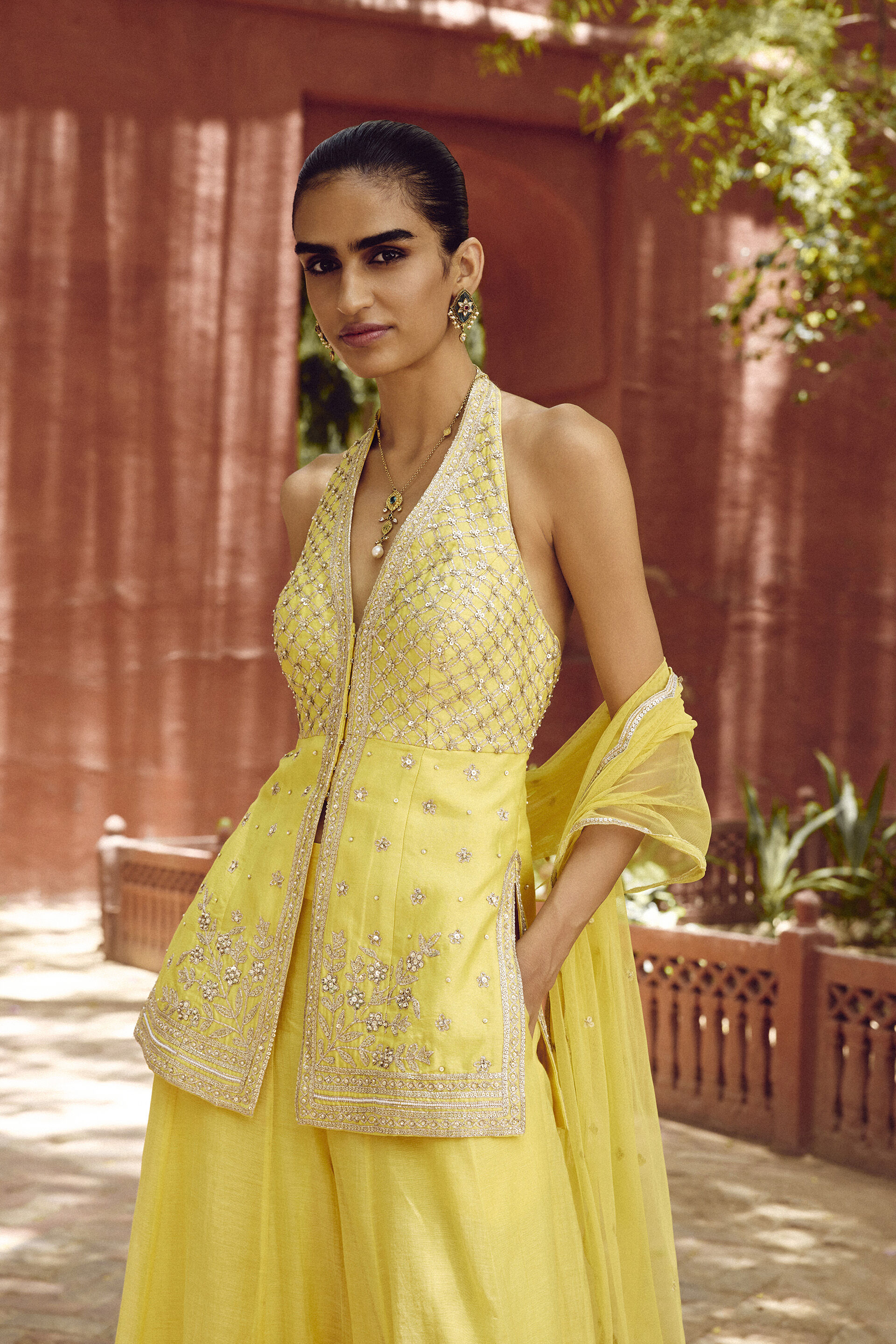 Srika Gota Patti Mul Sharara Set - Yellow, Yellow, image 3