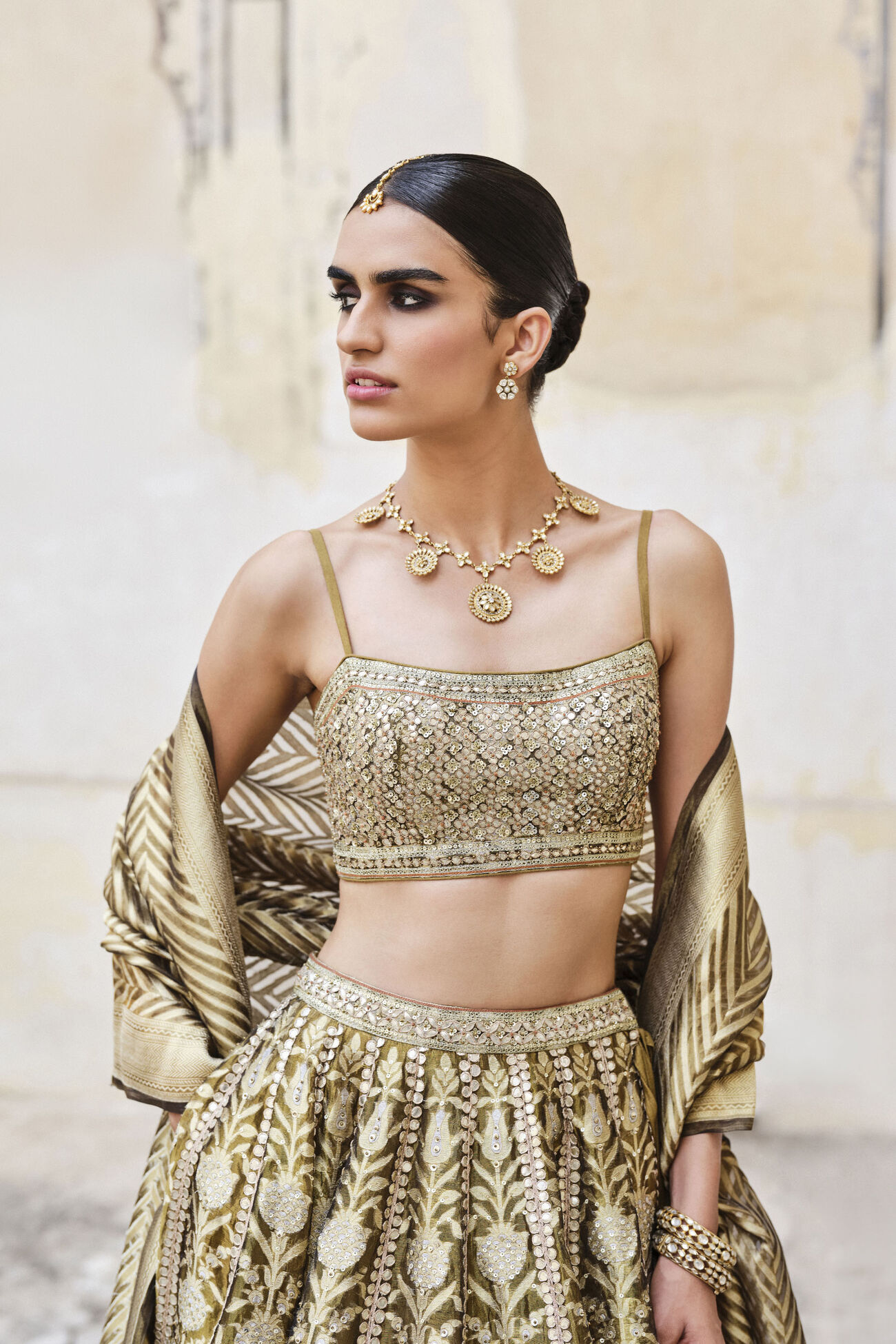 Adveka Handwoven Benarasi Silk Lehenga Set - Olive, Olive, image 6