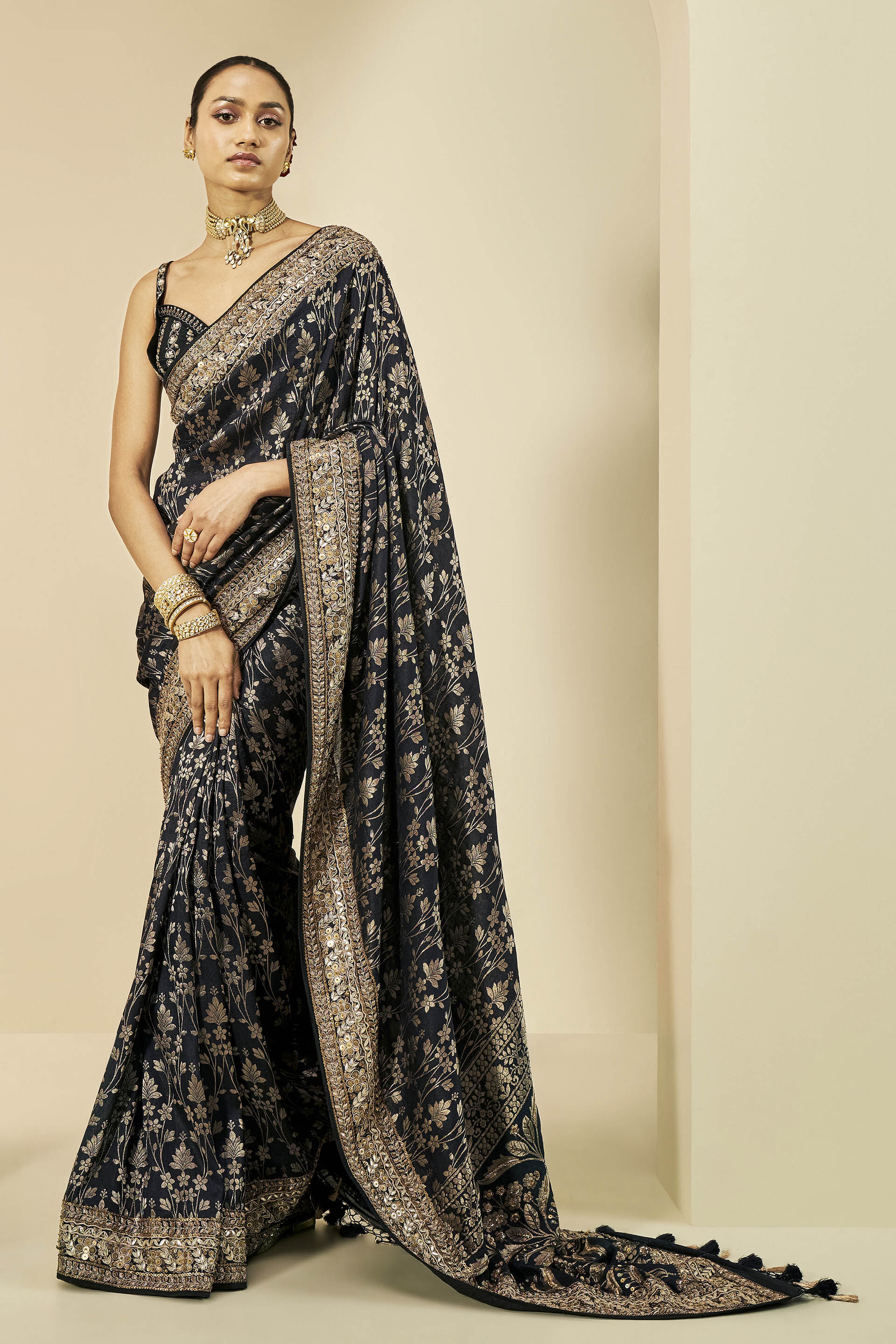 Gleaming Forest Benarasi Silk Embroidered Saree, Black, image 1