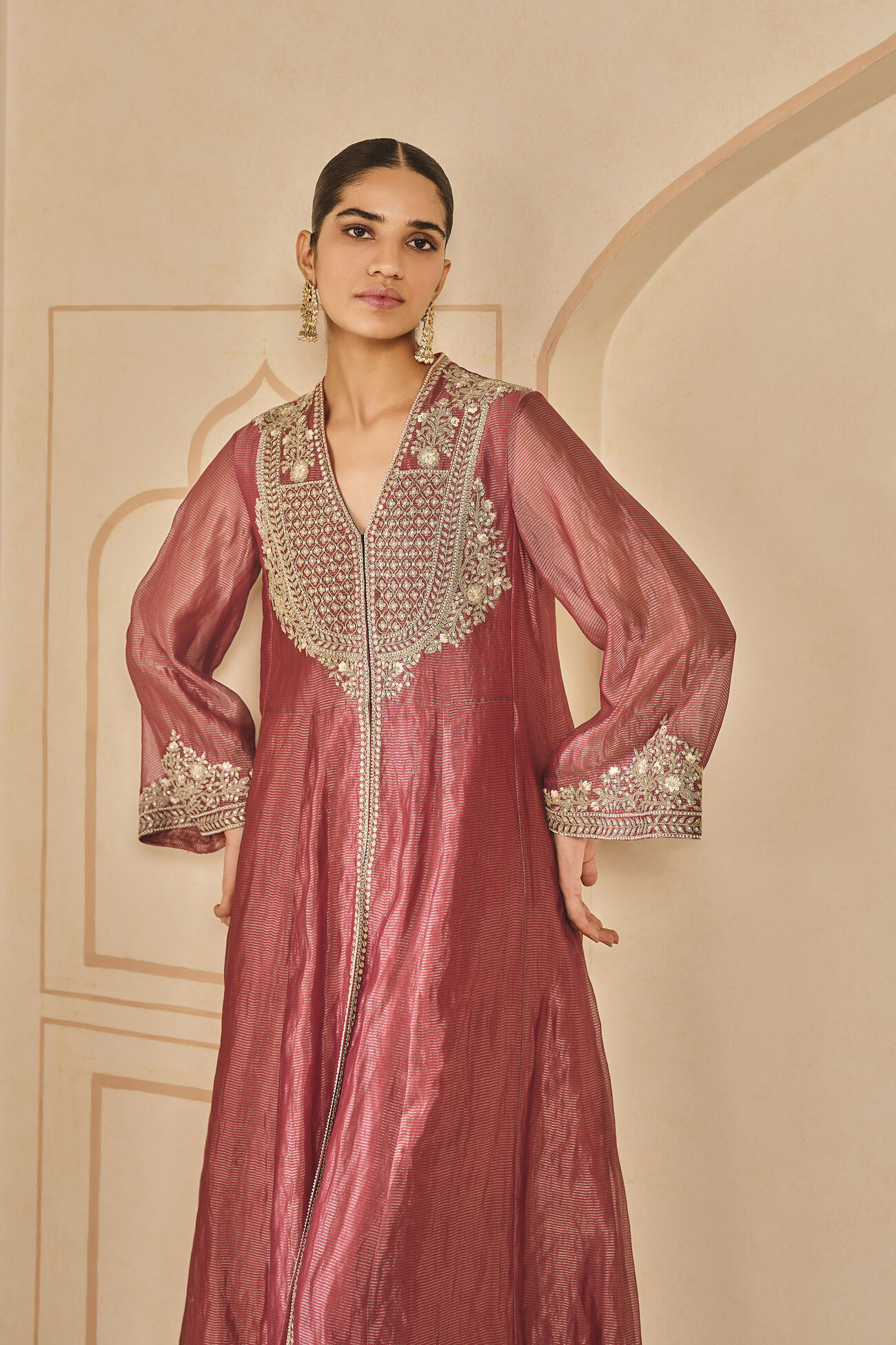 Azha Embroidered Zardozi Silk Jacket Set - Yellow, Red, image 4