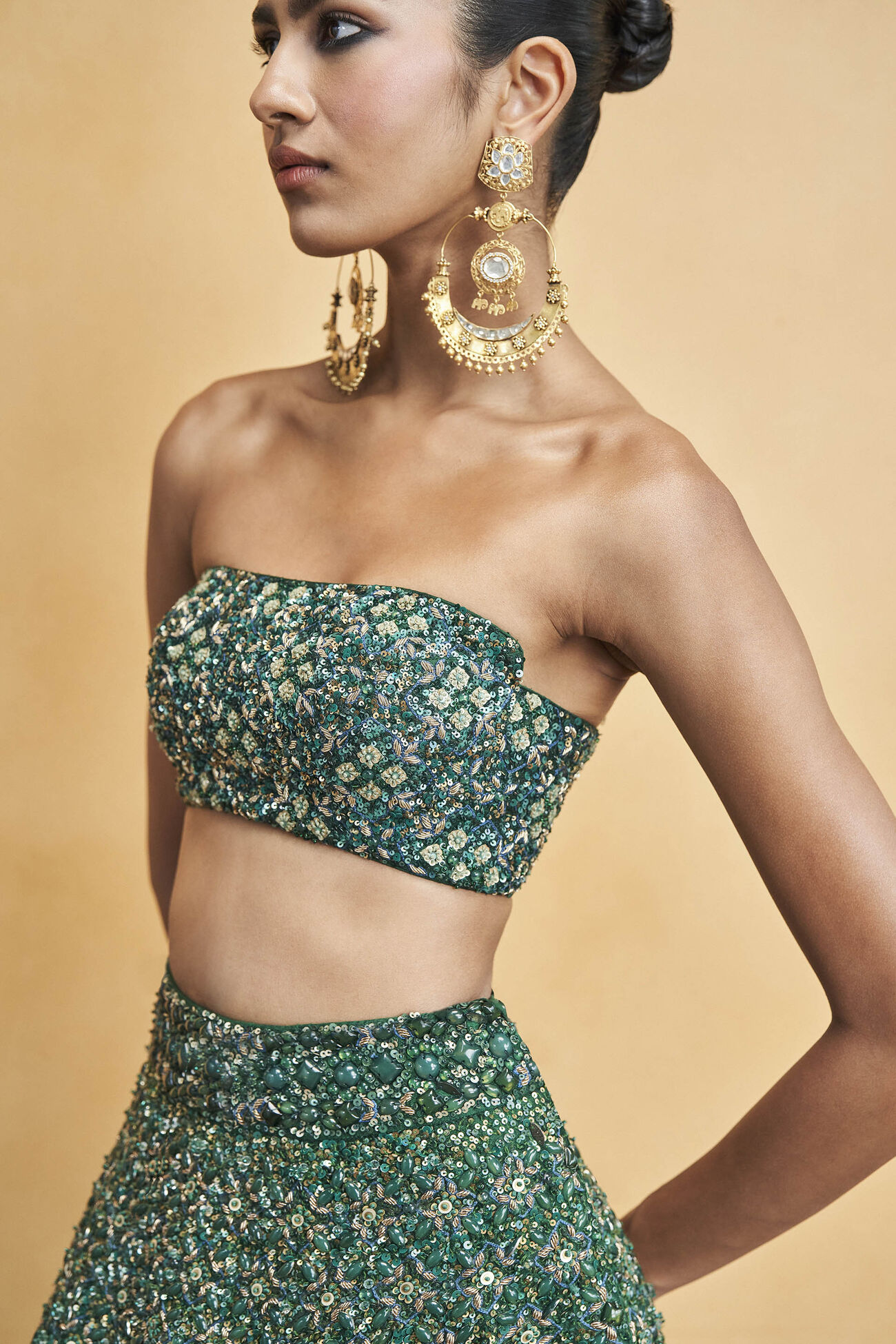 Deep Into The Forest Embroidered Zardozi Silk Skirt Set - Green, Green, image 5