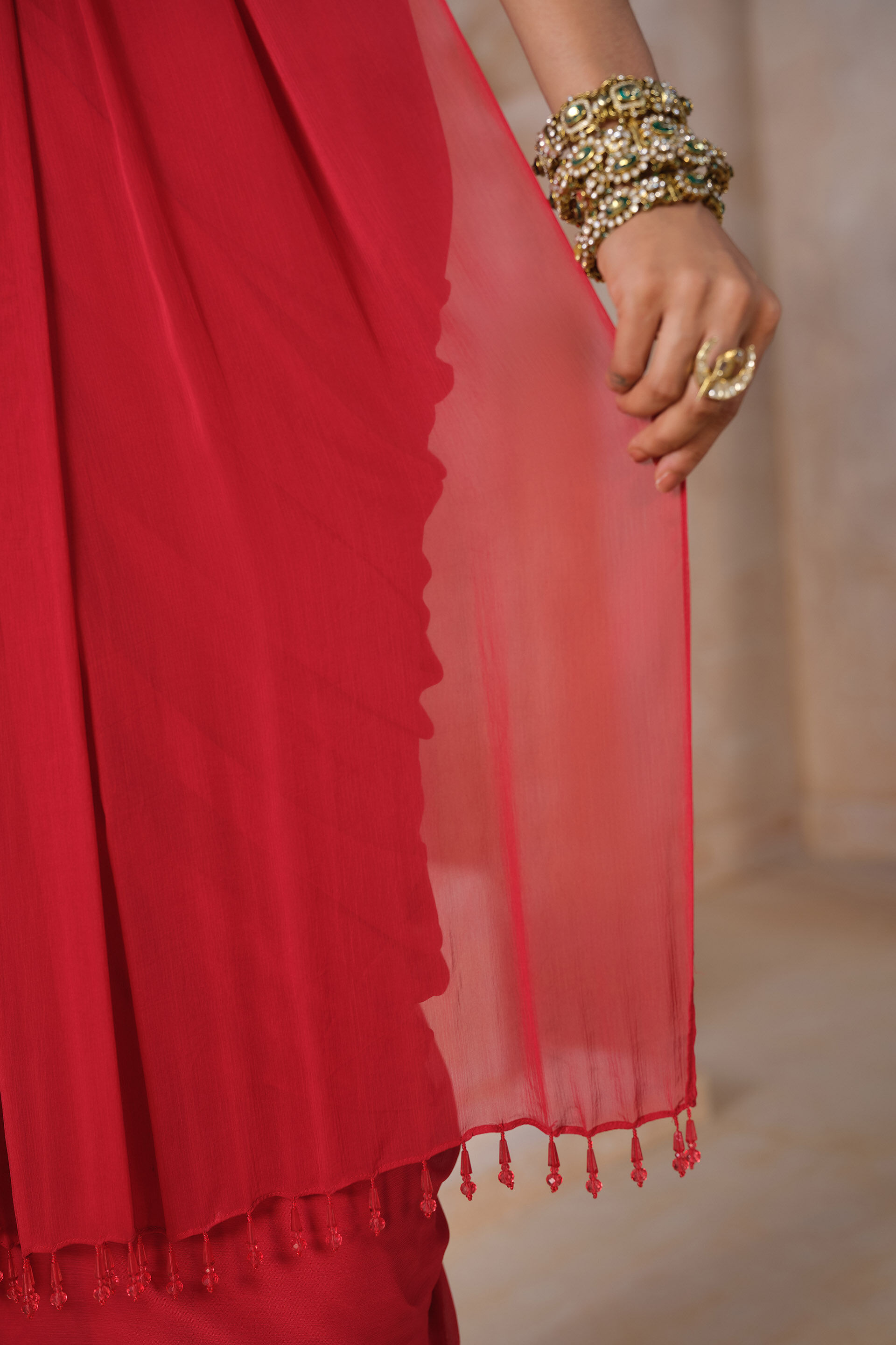 Yuthika Embroidered Cord Pre-draped Saree - Red, Red, image 5