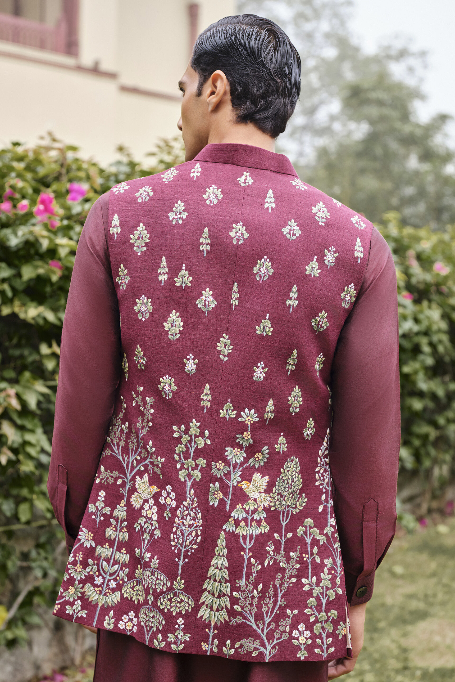 Springtime Hand-painted Pichhwai Silk Nehru Jacket - Wine