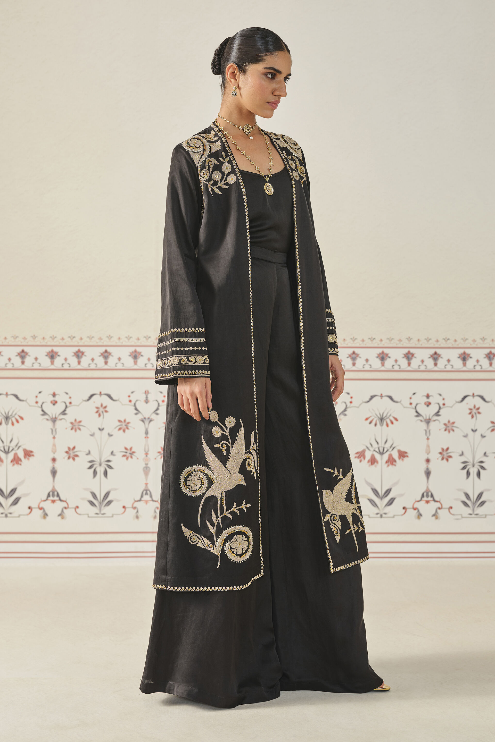 Buy Designer Saanjh Embroidered Cord Long Jacket Set - Black
