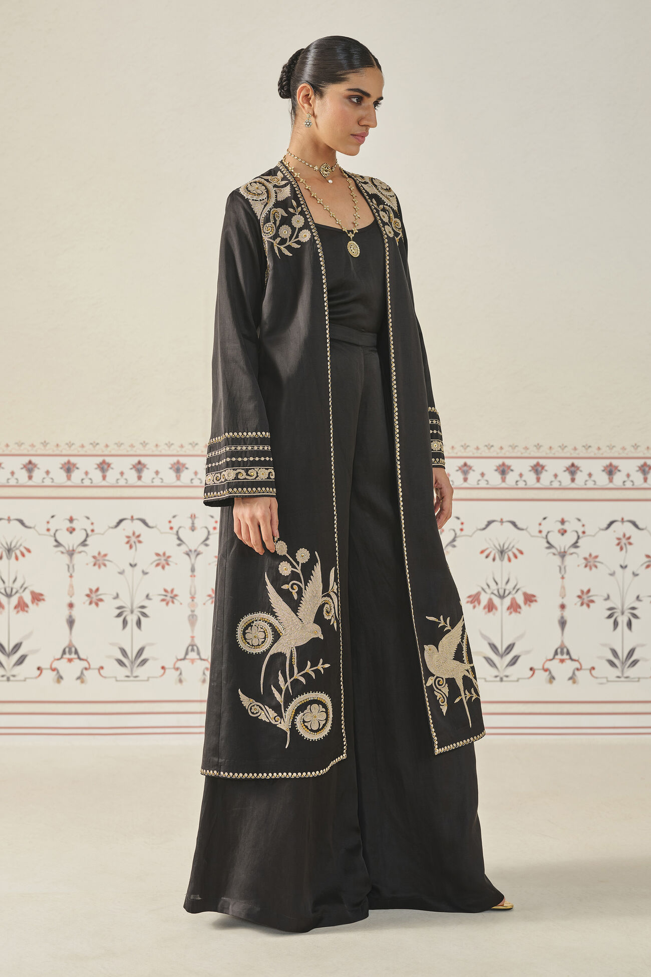 Saanjh Embroidered Cord Long Jacket Set - Black, Black, image 3