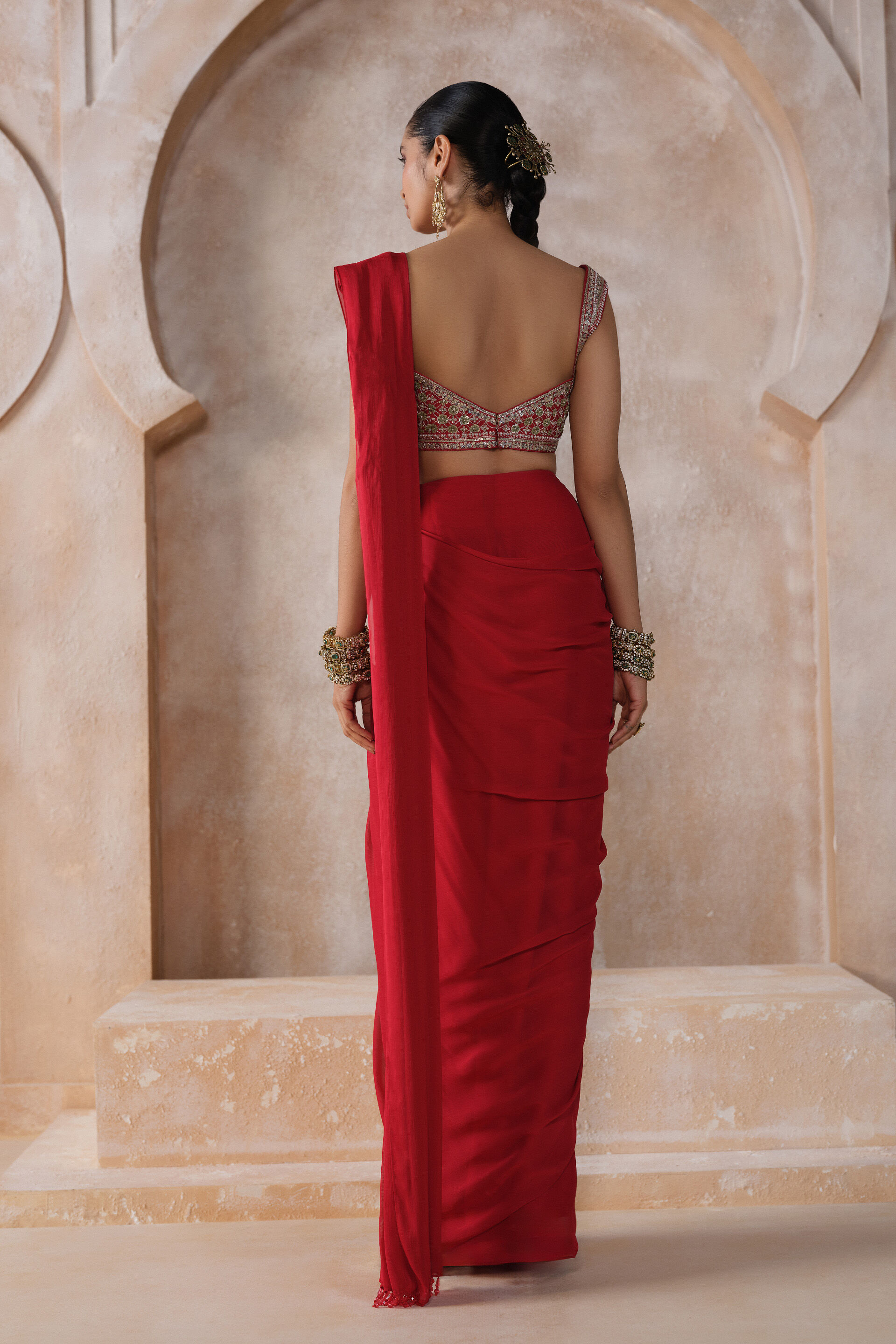 Yuthika Embroidered Cord Pre-draped Saree - Red