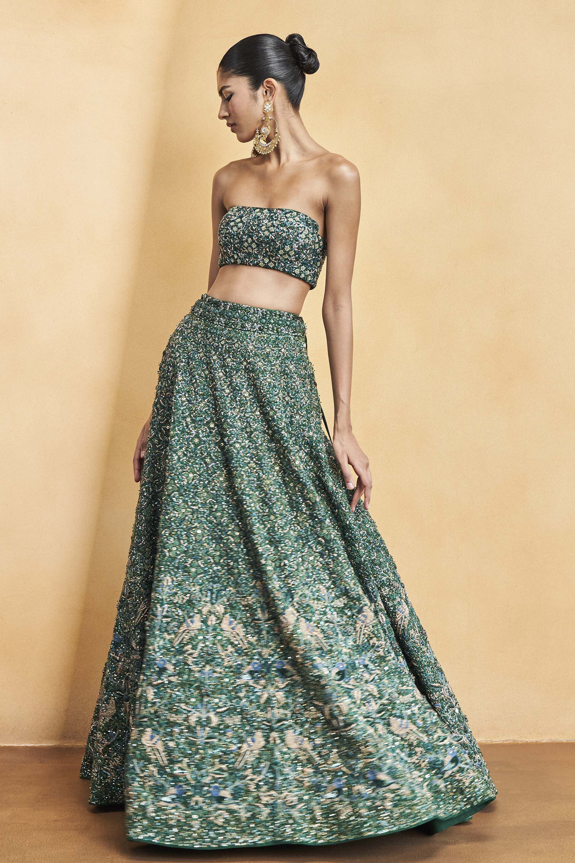 Deep Into The Forest Embroidered Zardozi Silk Skirt Set - Green