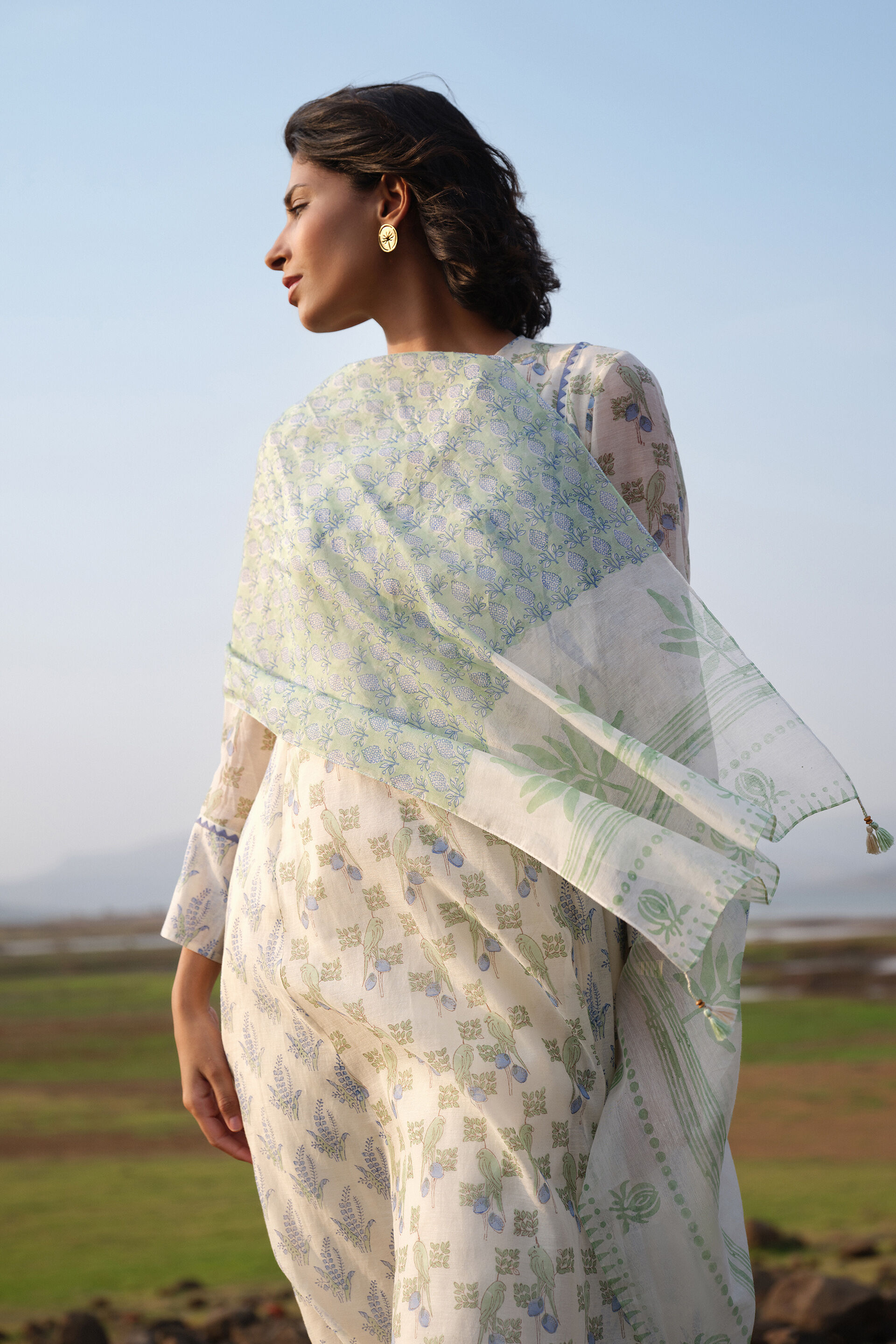 Damara Hand-block Printed Mul Stole - Sage, Sage, image 3