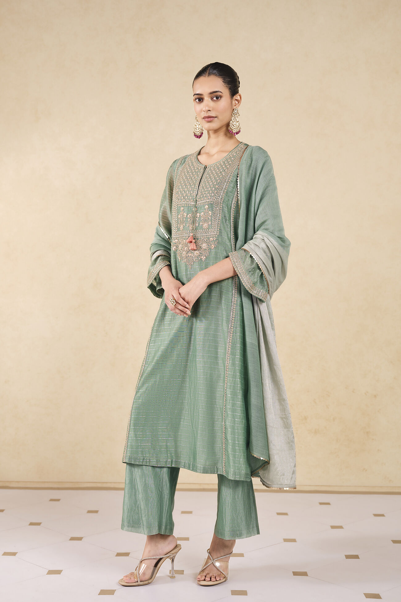 Mayar Embroidered Mul Suit Set - Sage, Sage, image 3