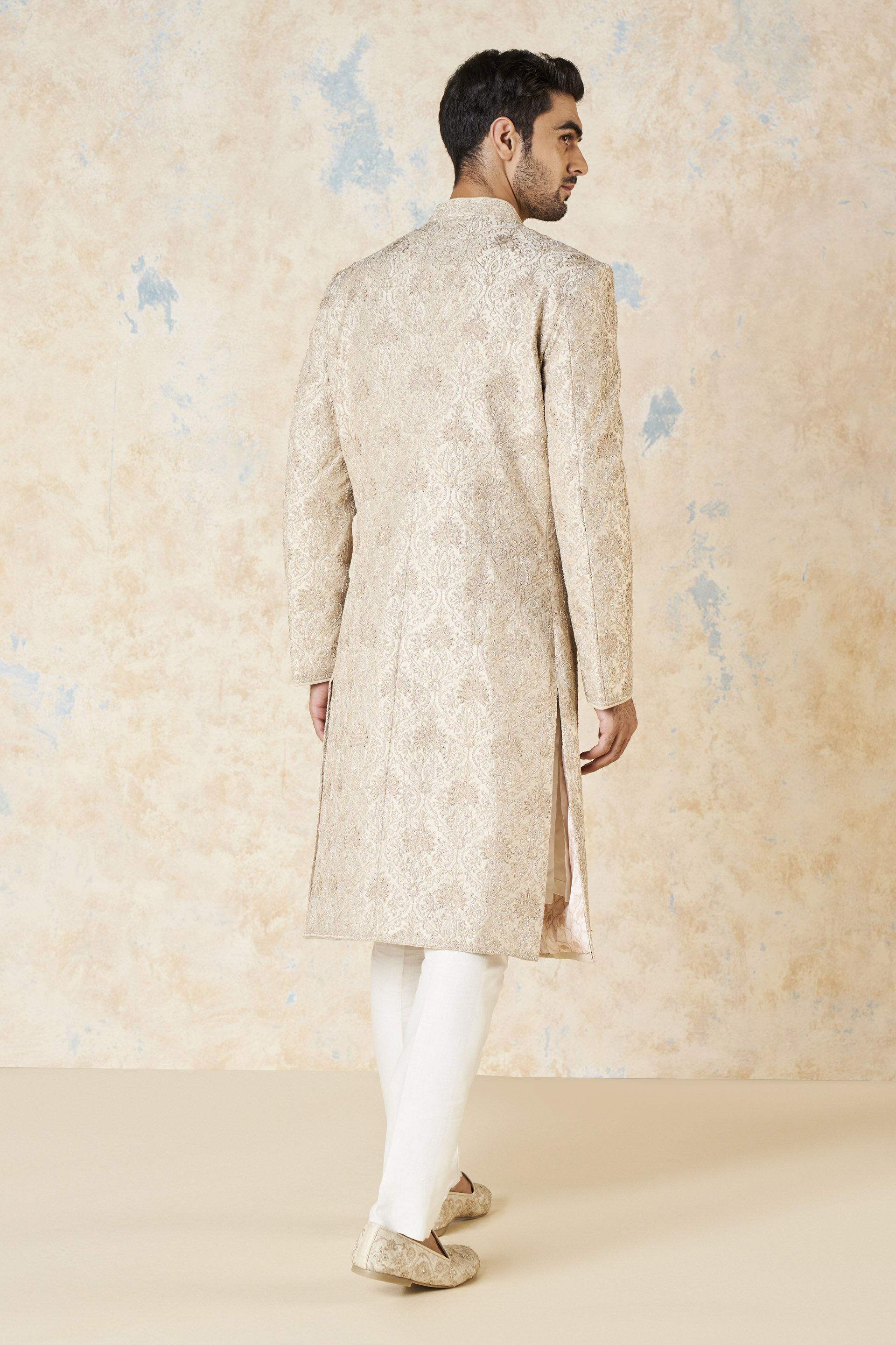 Ikshaan Embroidered Cord Silk Sherwani - Ivory, Ivory, image 4