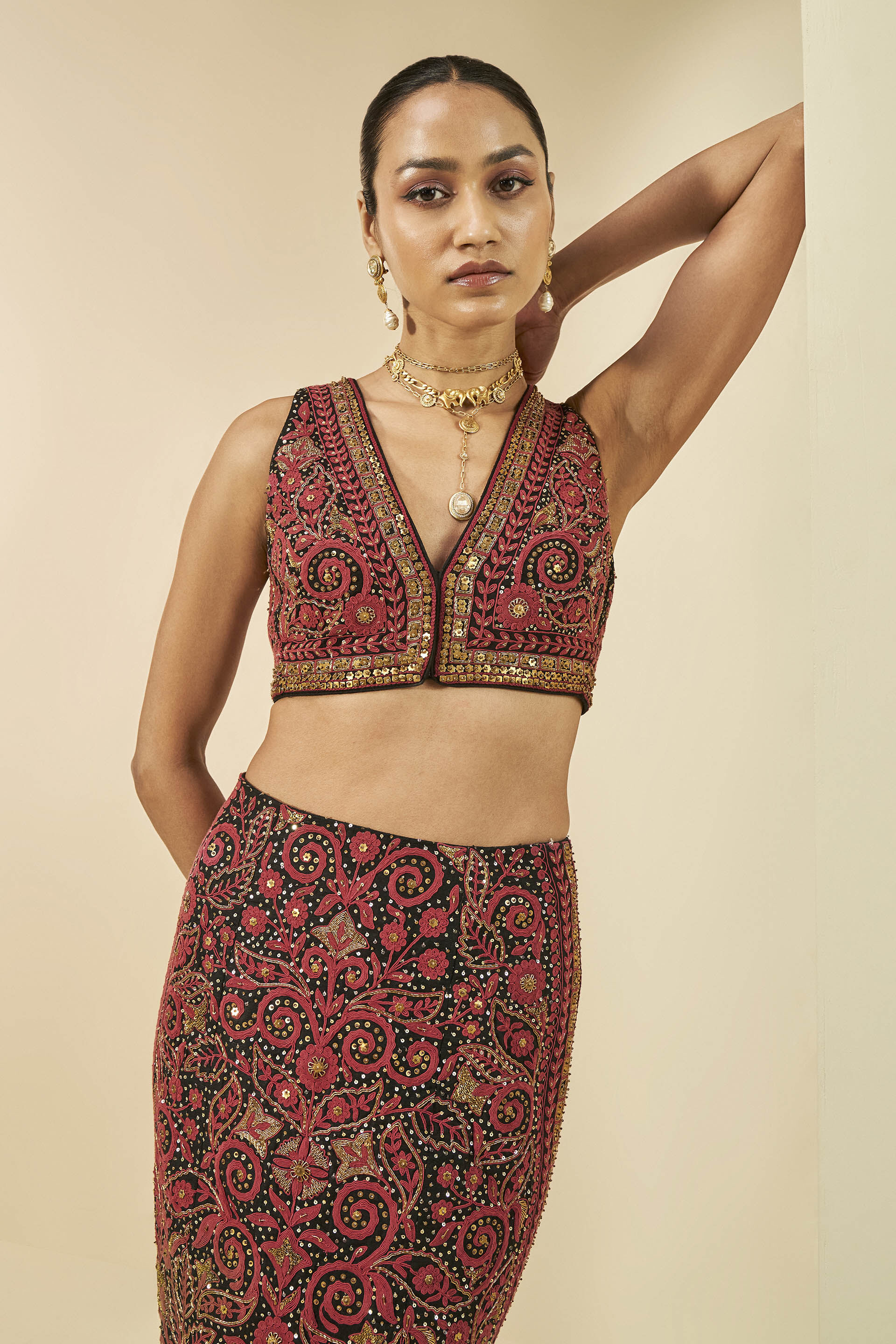 Nocturnal Wilderness Embroidered Cord Silk Skirt Set - Black, Black, image 4