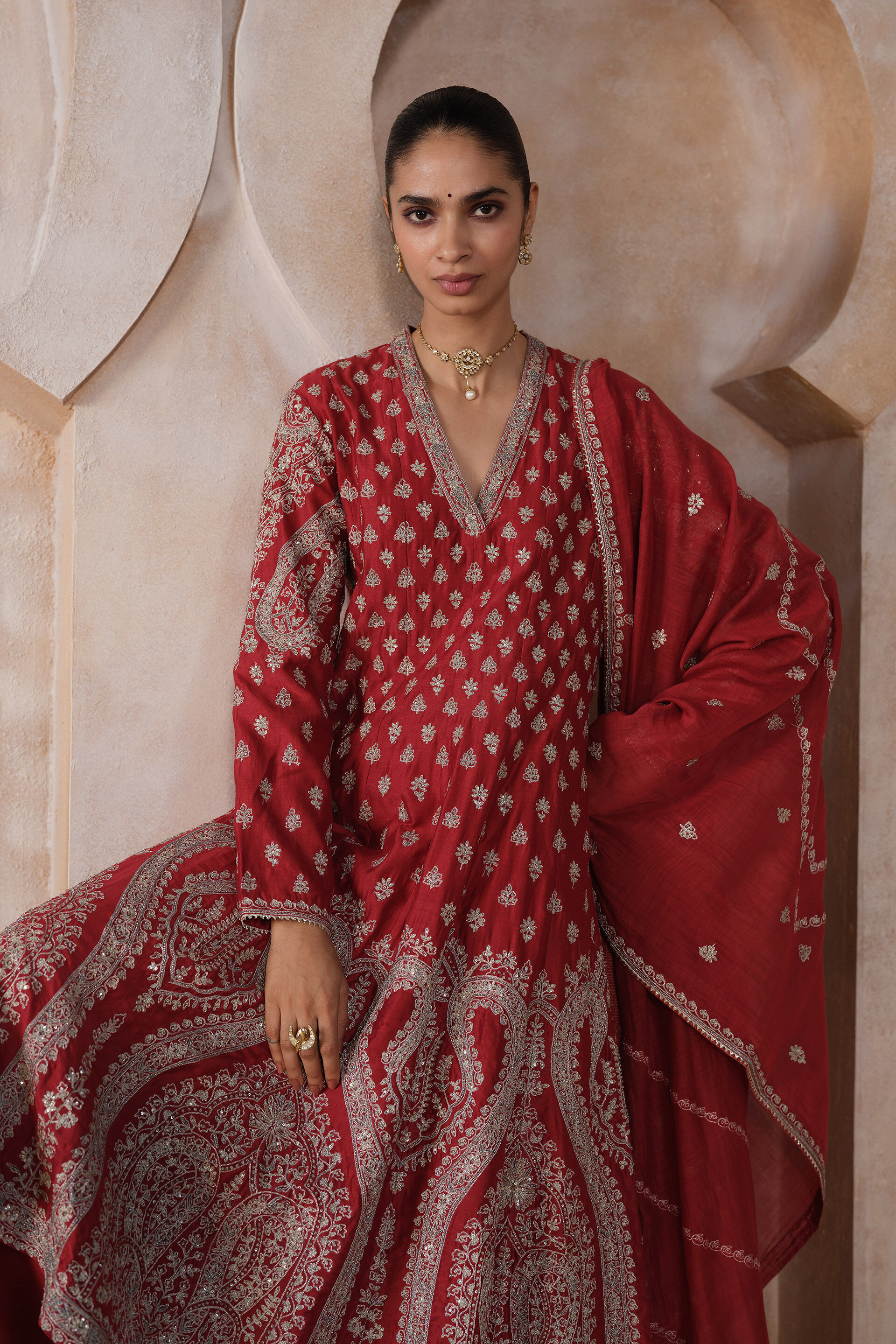 Rishima Embroidered Silk Suit Set - Red, Red, image 4