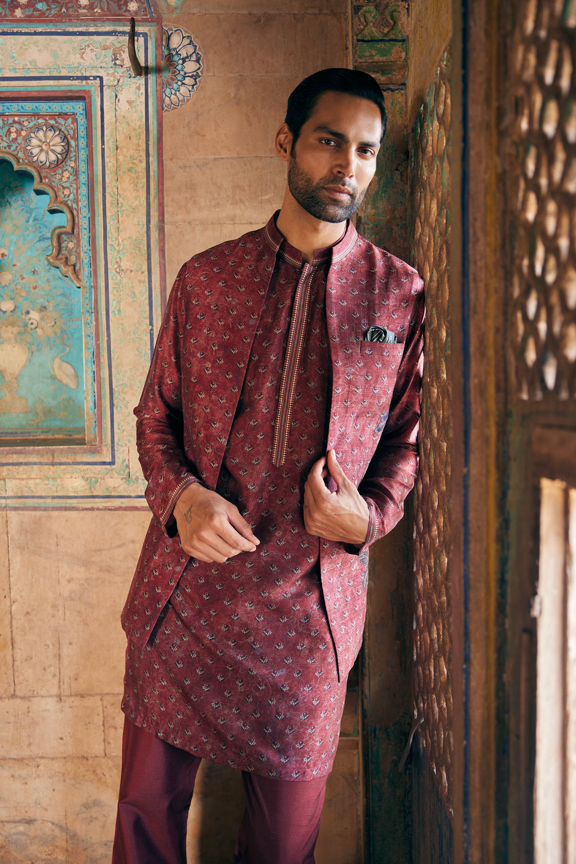 Humair Printed Silk Nehru Jacket Maroon