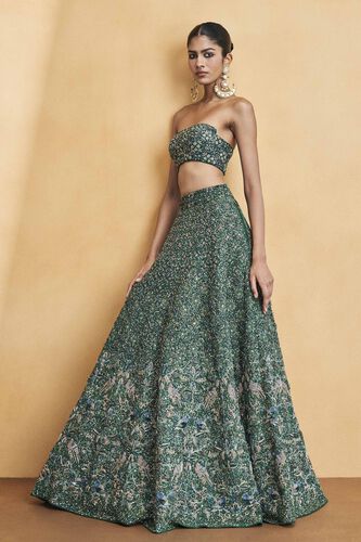 Deep Into The Forest Embroidered Zardozi Silk Skirt Set - Green, Green, image 3
