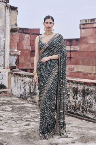 Abjini Printed Georgette Saree - Green, Green, image 1