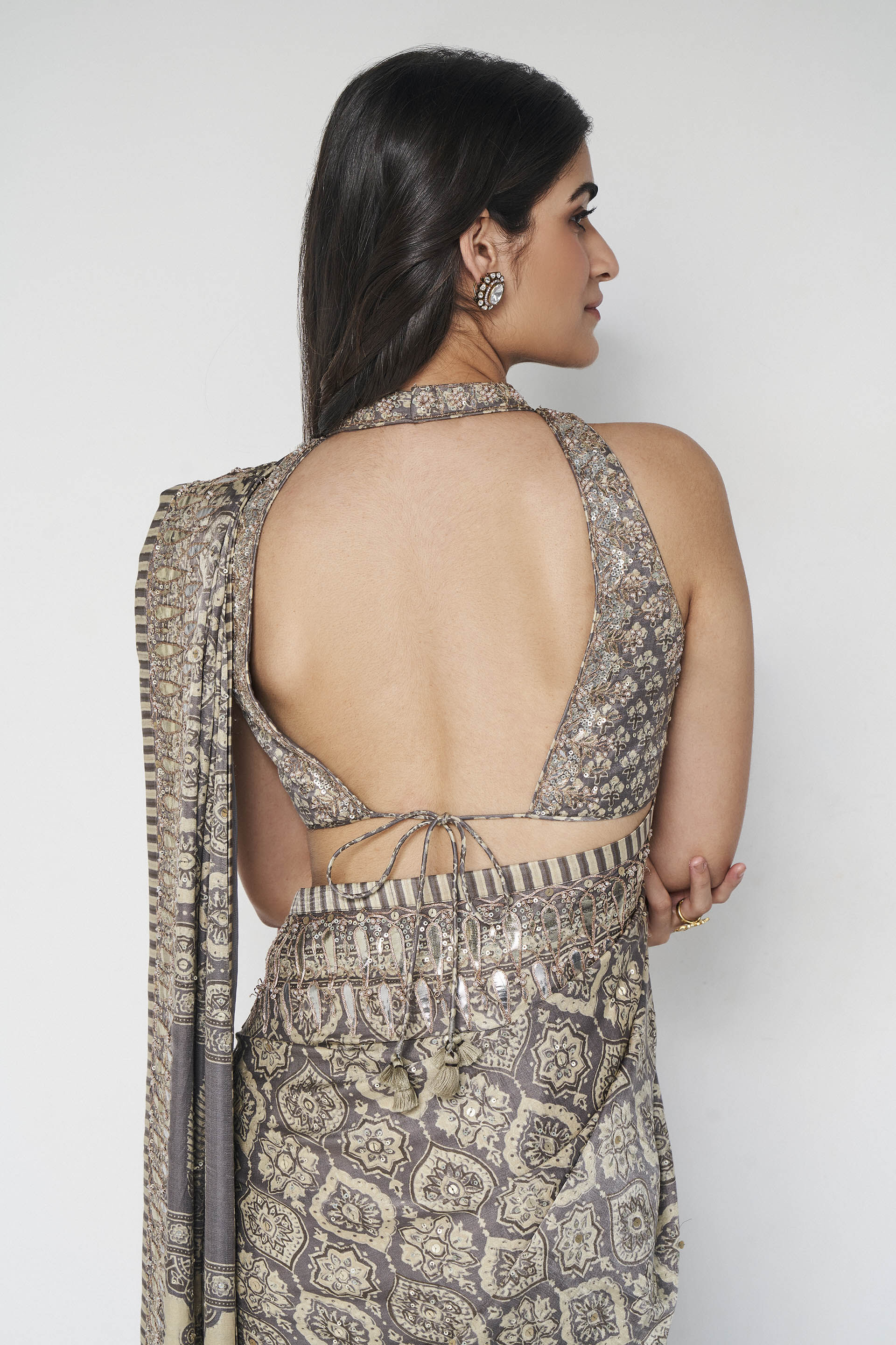 Shravani Ajrakh Hand-block Printed Silk Saree - Grey, Grey, image 6