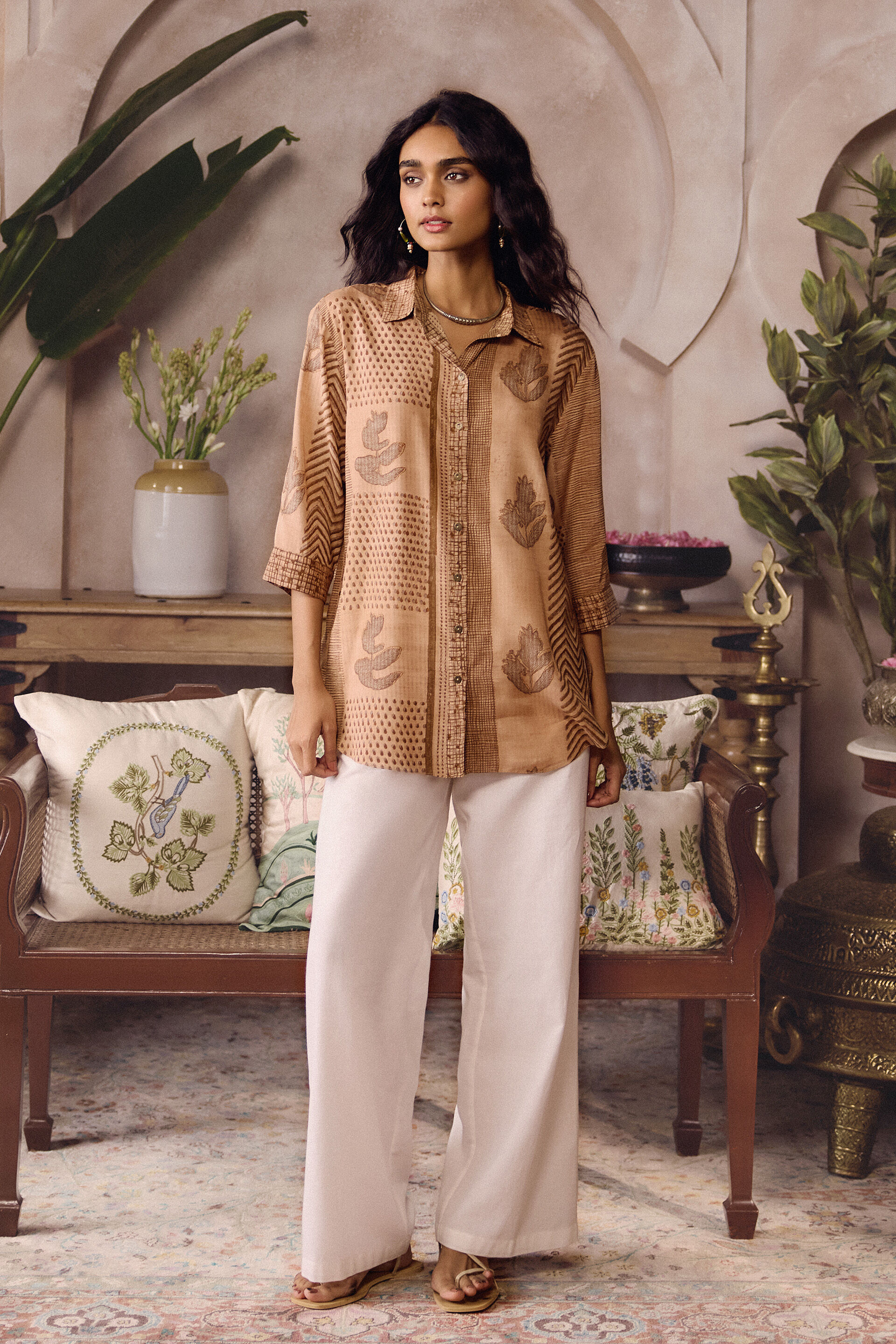 Laguna Hand-block Printed Mul Shirt -  Brown