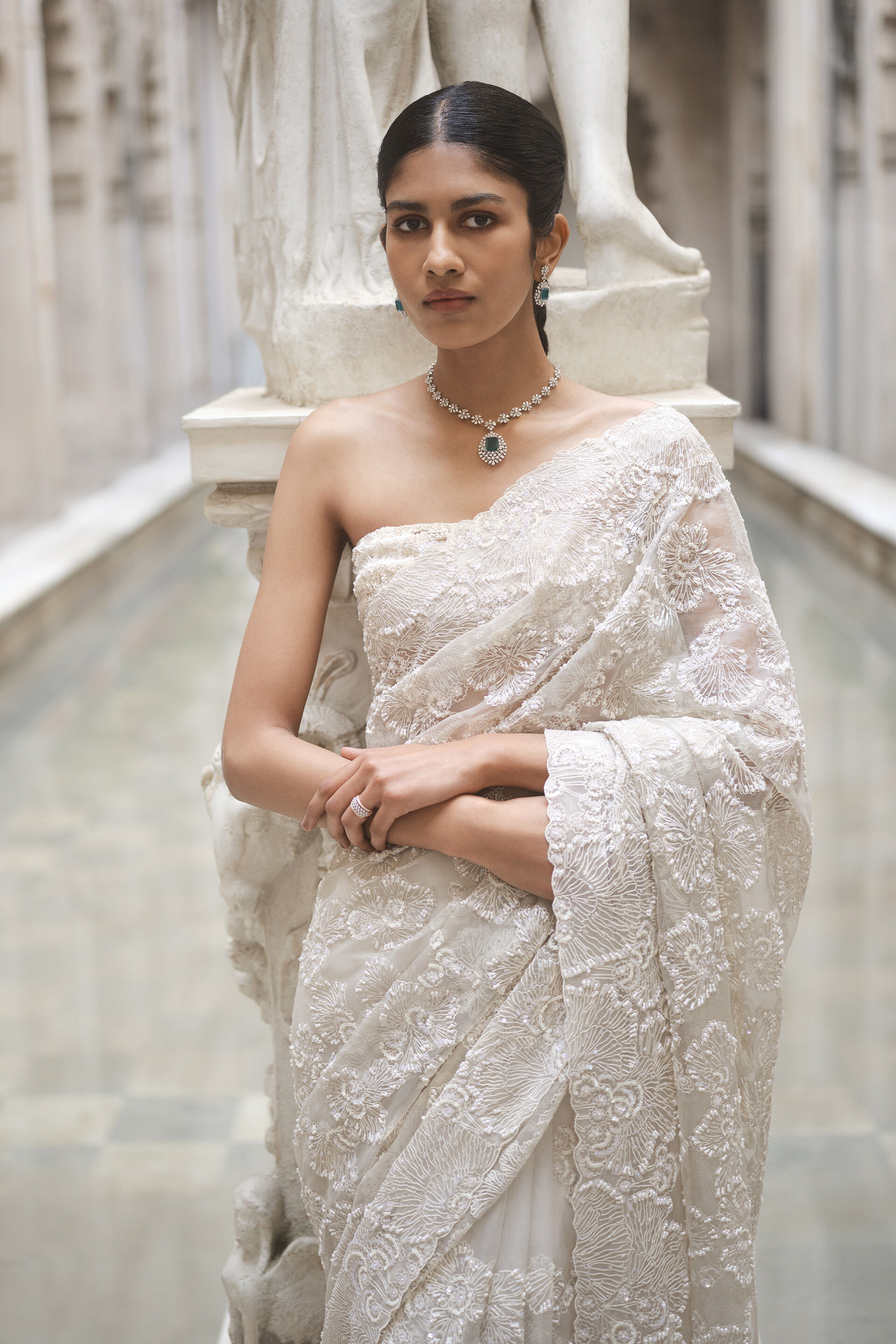 Rainbloom Embroidered Silk Saree - Ivory, Ivory, image 6