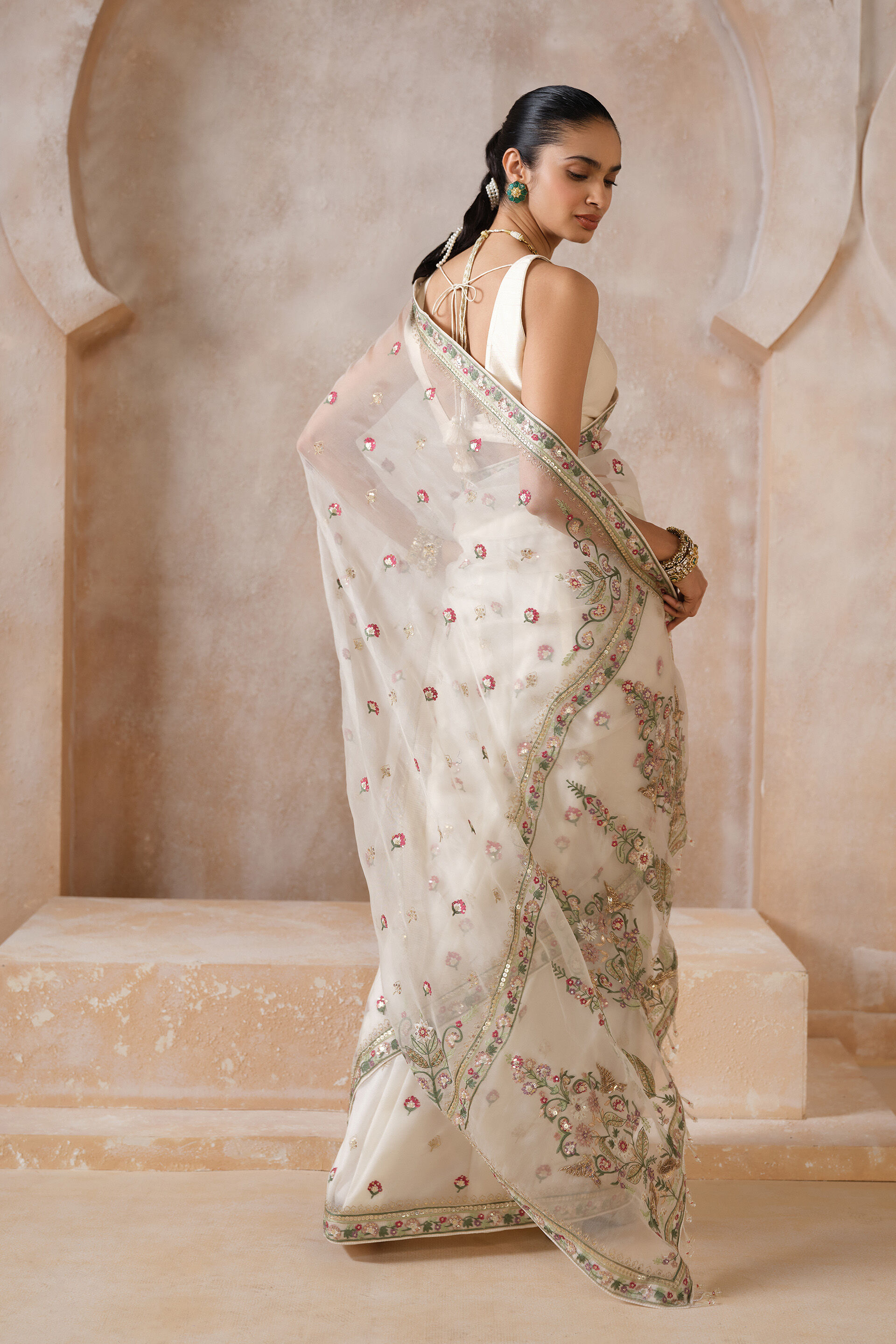 Anaysha Embroidered Silk Saree Set - Ivory, Ivory, image 2