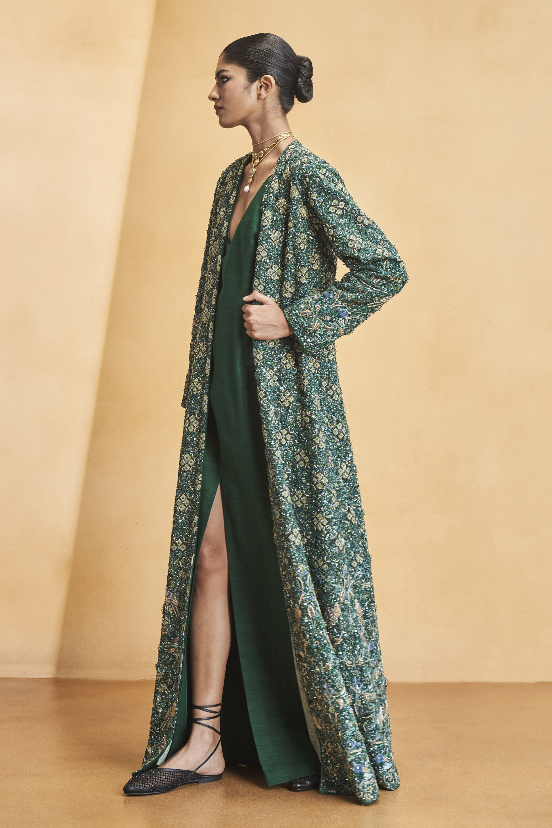 Deep Into The Wild Embroidered Zardozi Silk Jacket Set - Green, Green, image 6