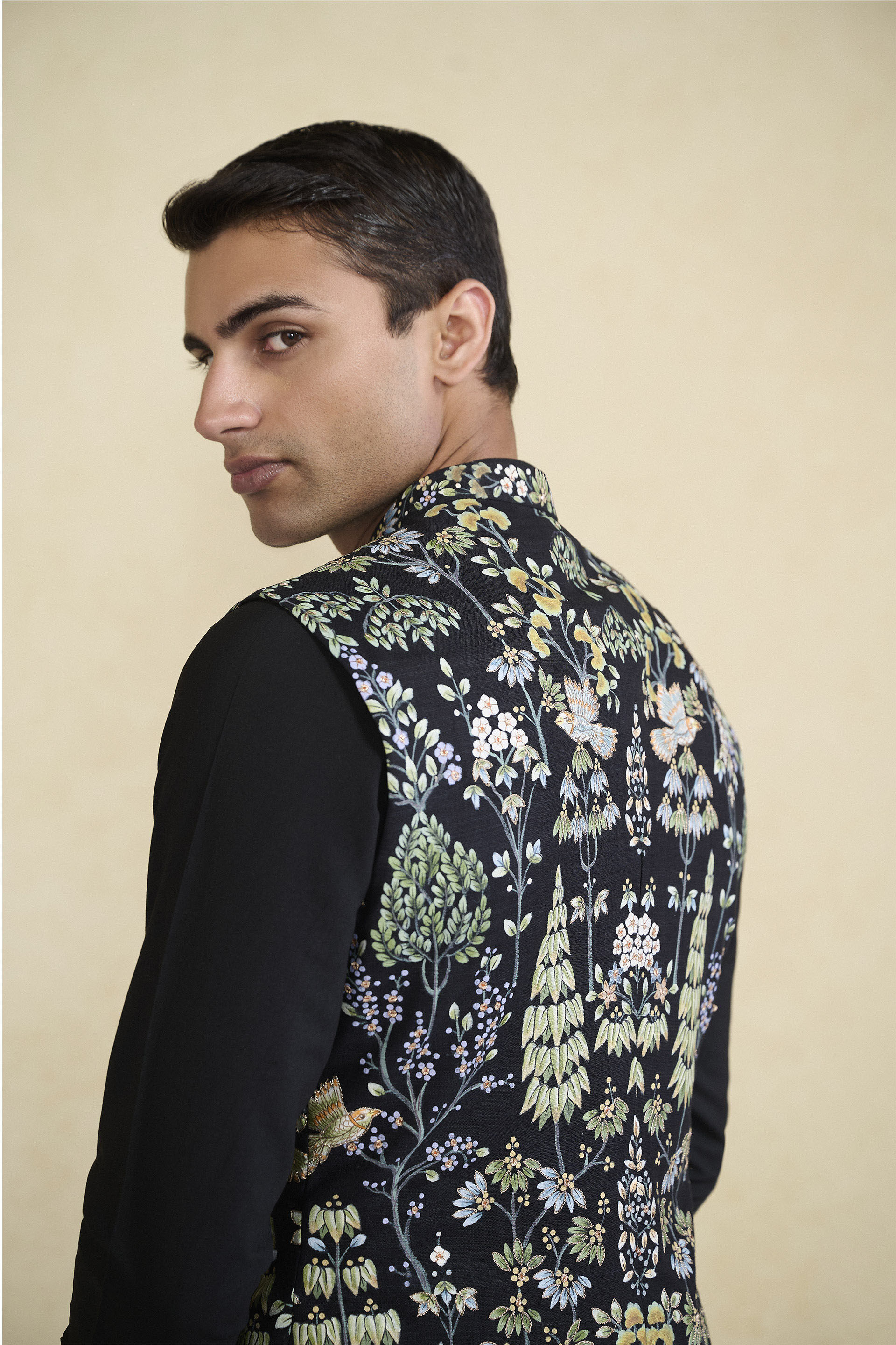 Nalesh Hand painted Pichhwai Silk Nehru Jacket Black